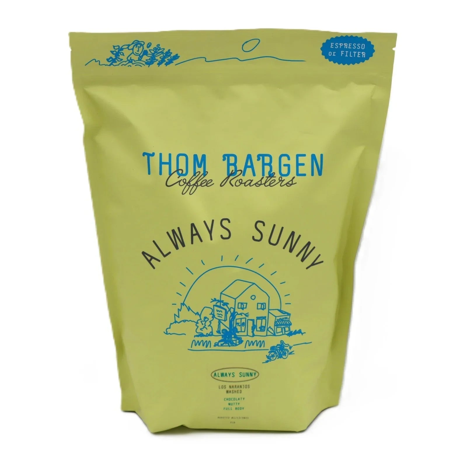 Thom Bargen Coffee Roasters Always Sunny coffee bag with house illustration and blue text