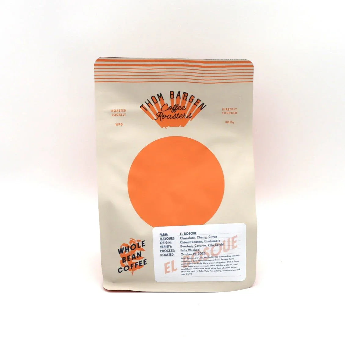 Thom Bargen Coffee Roasters whole bean coffee bag with orange circle and label