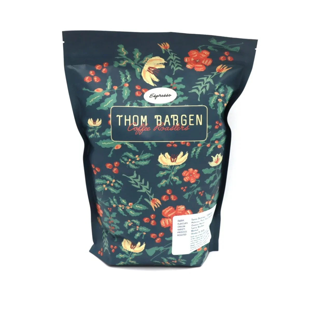 Thom Bargen espresso coffee beans floral bag on white background