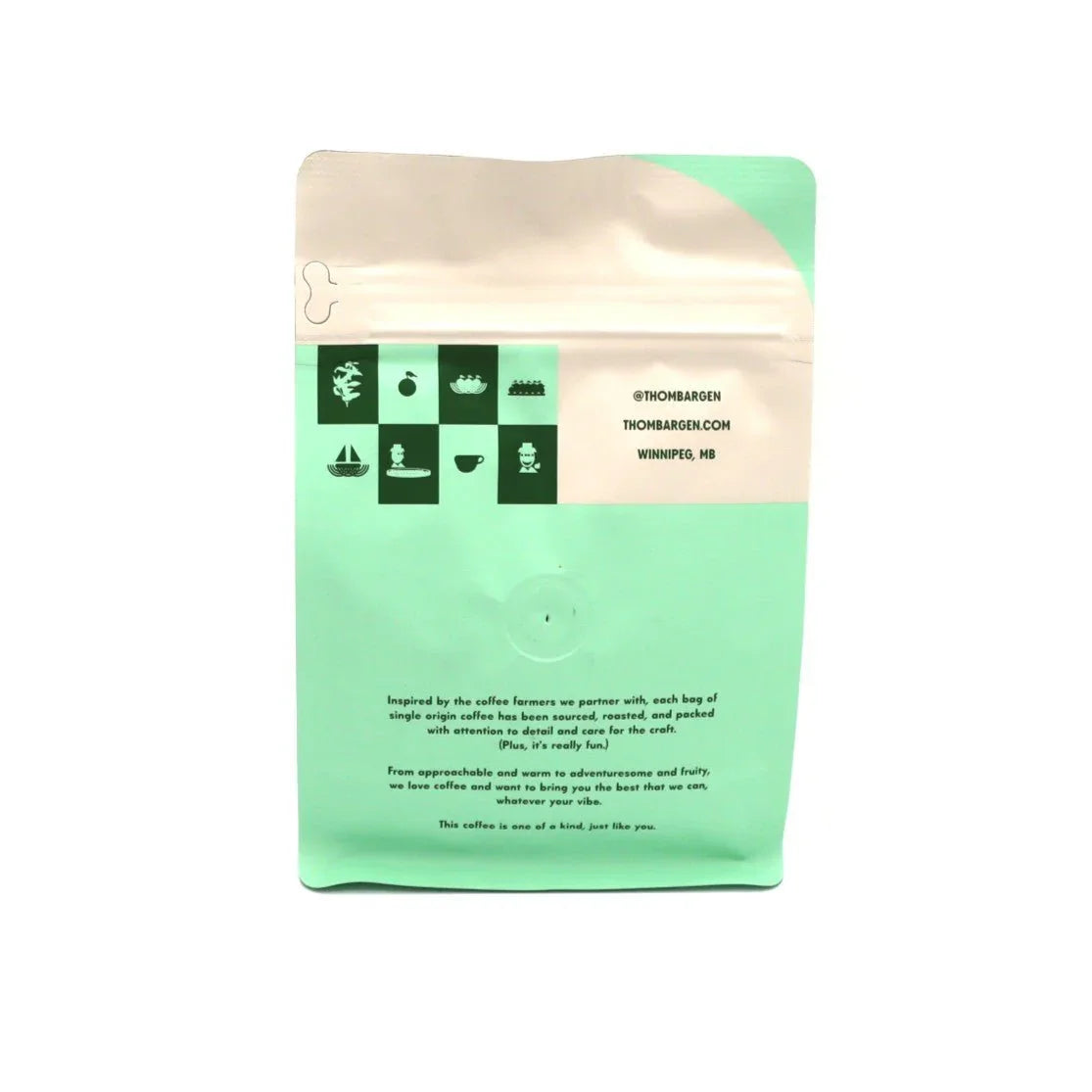 Thom Bargen coffee bag, light teal and cream with icons, single origin roasted coffee.