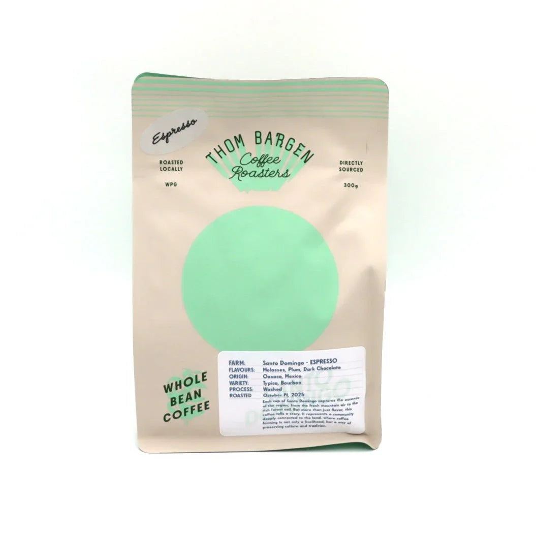 Thom Bargen Coffee Roasters espresso whole bean coffee bag with green circle design
