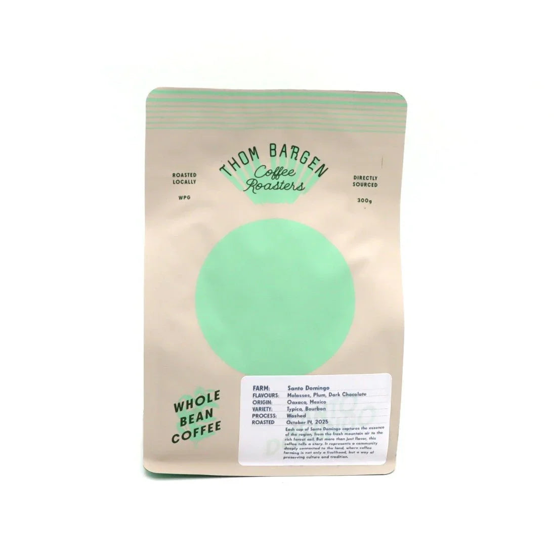 Thom Bargen Coffee Roasters whole bean coffee bag with green design and label on white background