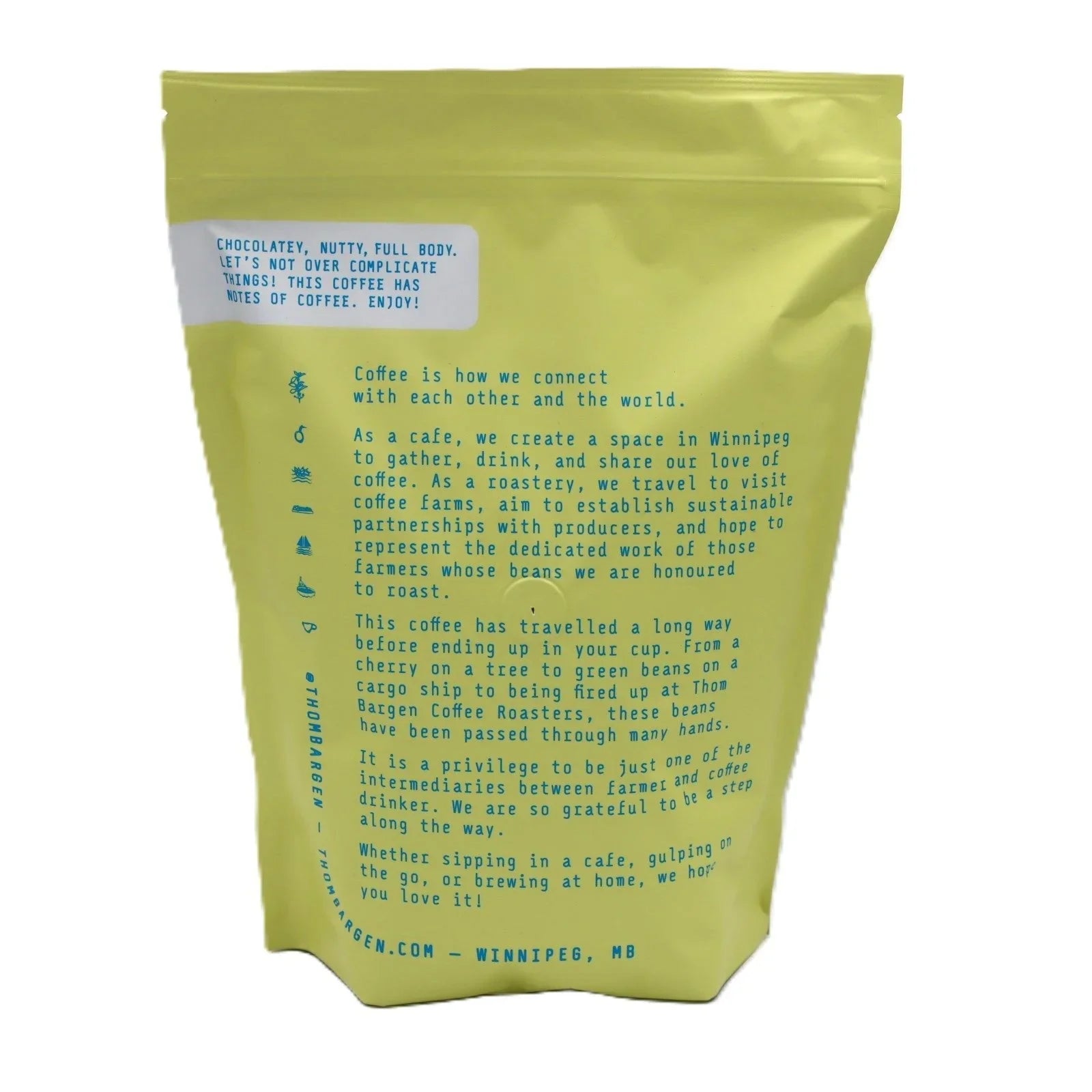 Yellow Thom Bargen coffee bag with blue text, Winnipeg coffee roaster packaging