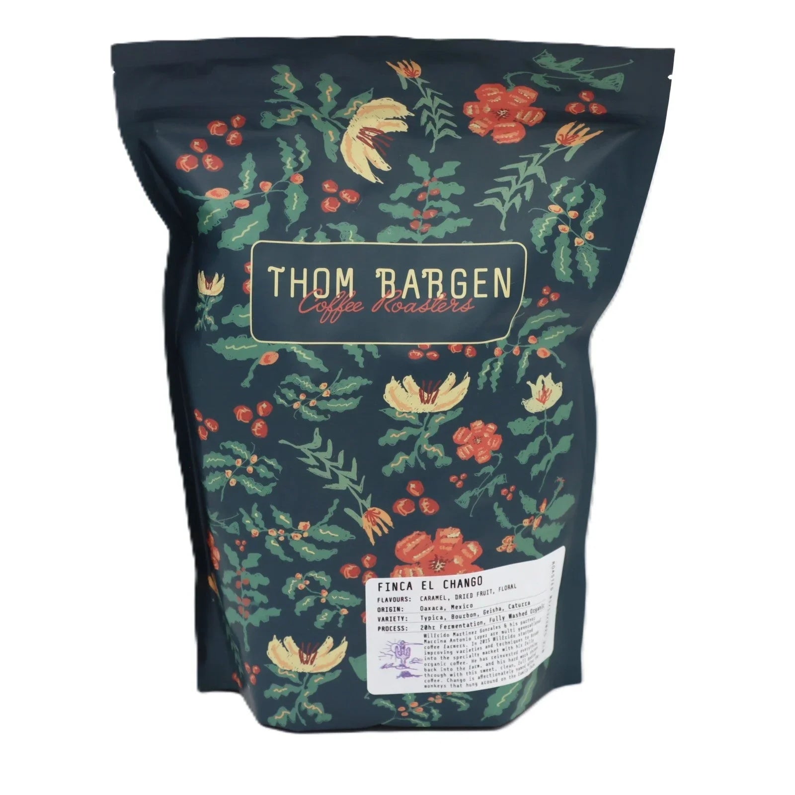 Thom Bargen Coffee Roasters floral bag of coffee with label Finca El Chango