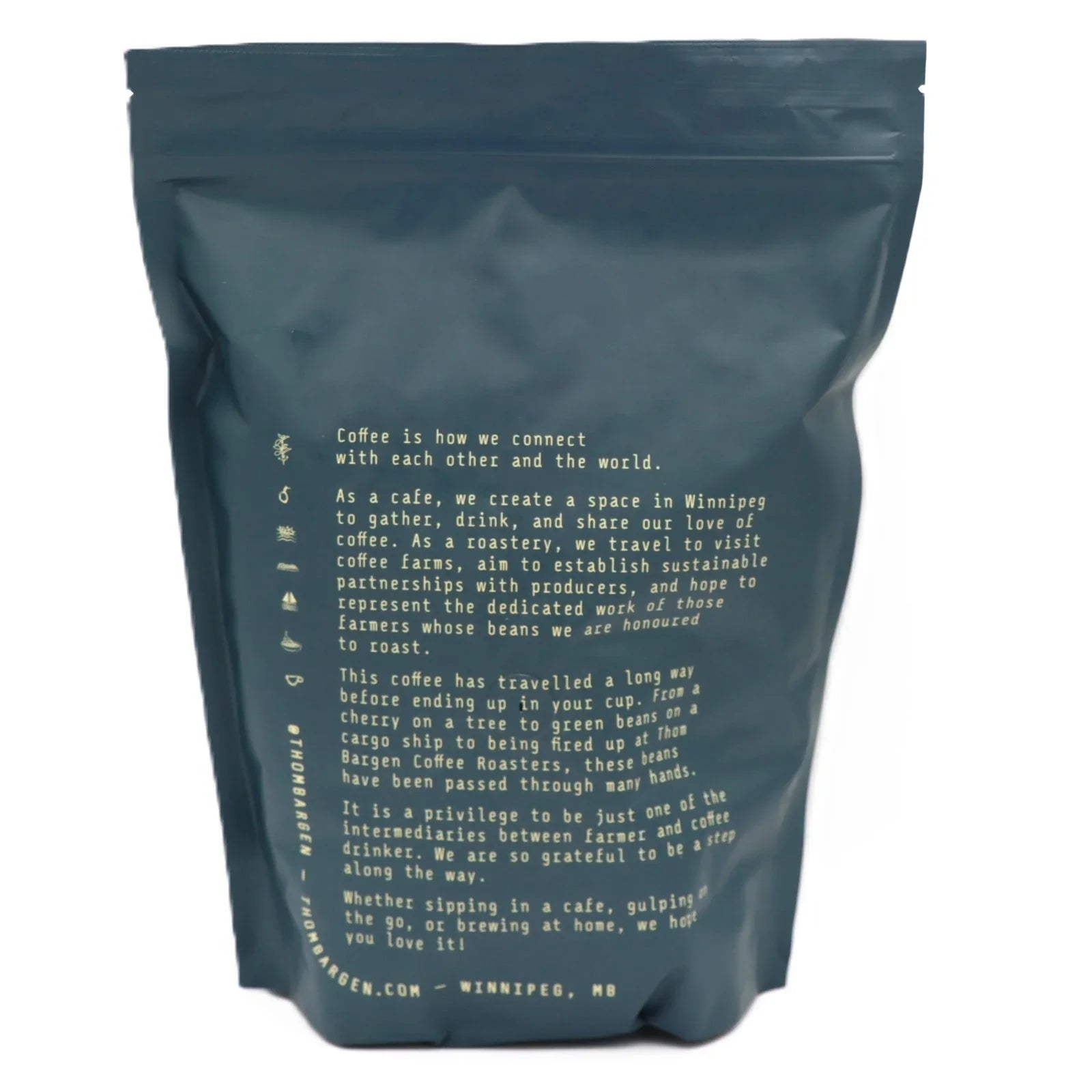 Thom Bargen Winnipeg coffee bag with detailed text about sourcing and roasting process