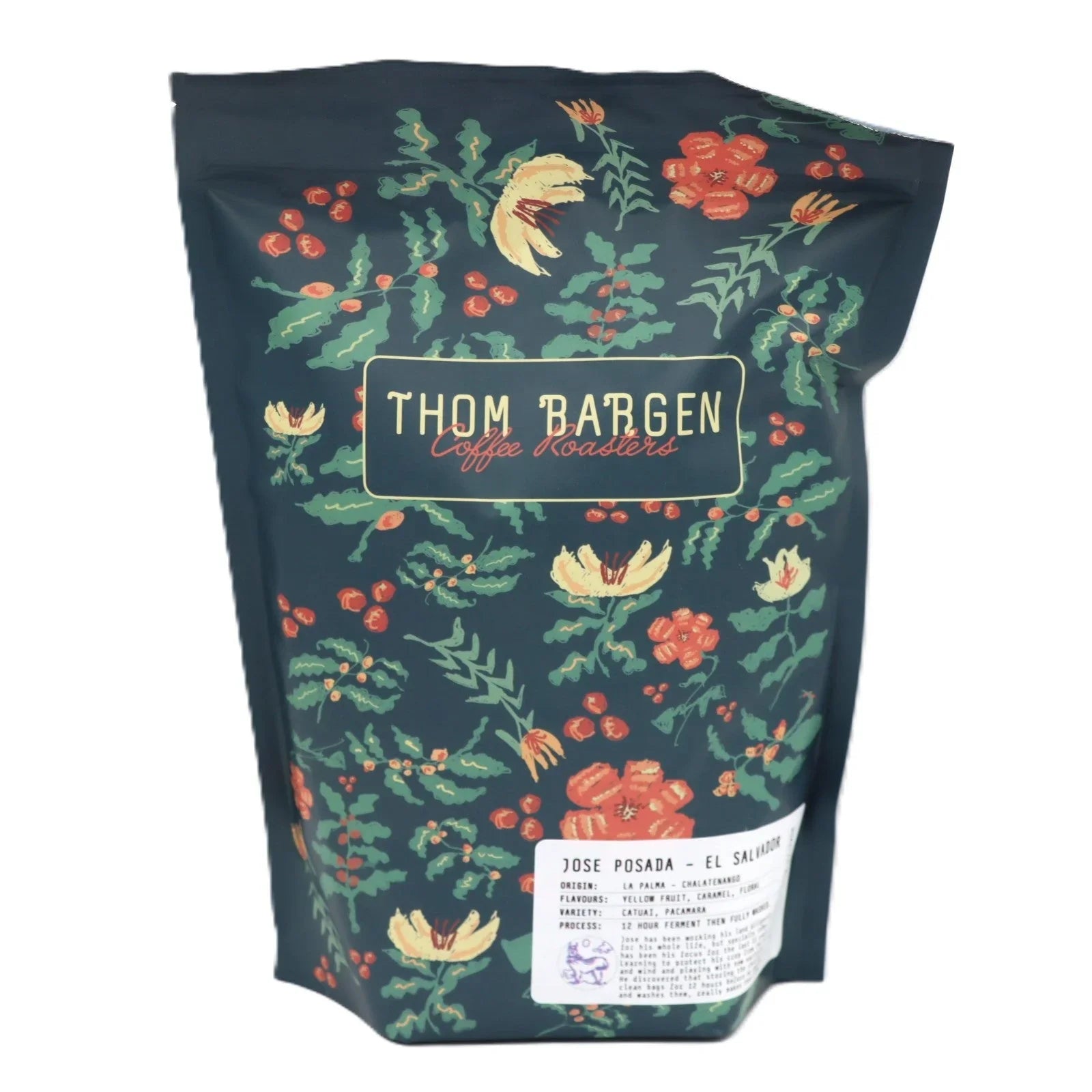 Thom Bargen Coffee Roasters floral-patterned coffee bag with product label