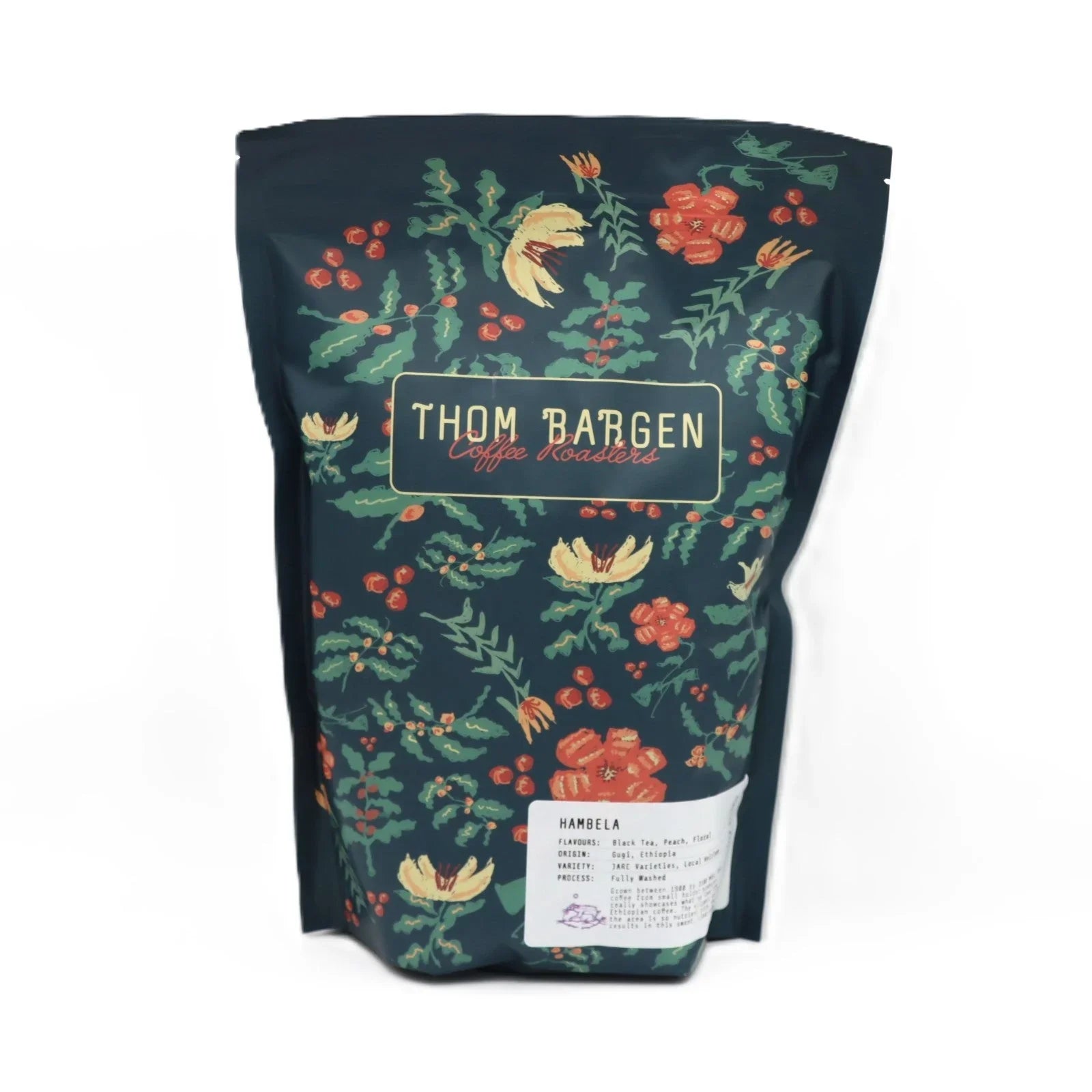 Thom Bargen Coffee Roasters floral coffee bag with Hambela label on white background