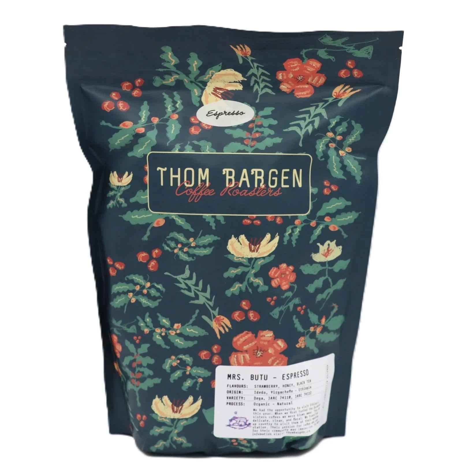 Thom Bargen Coffee Roasters espresso bag with floral pattern and product label