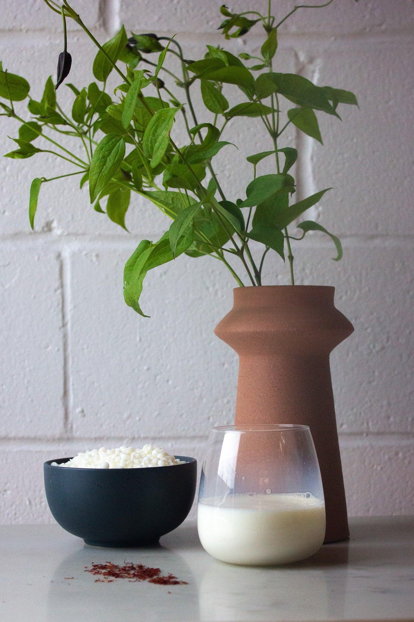 Modern still life with brown vase and green leaves, black bowl of white grains, glass of milk