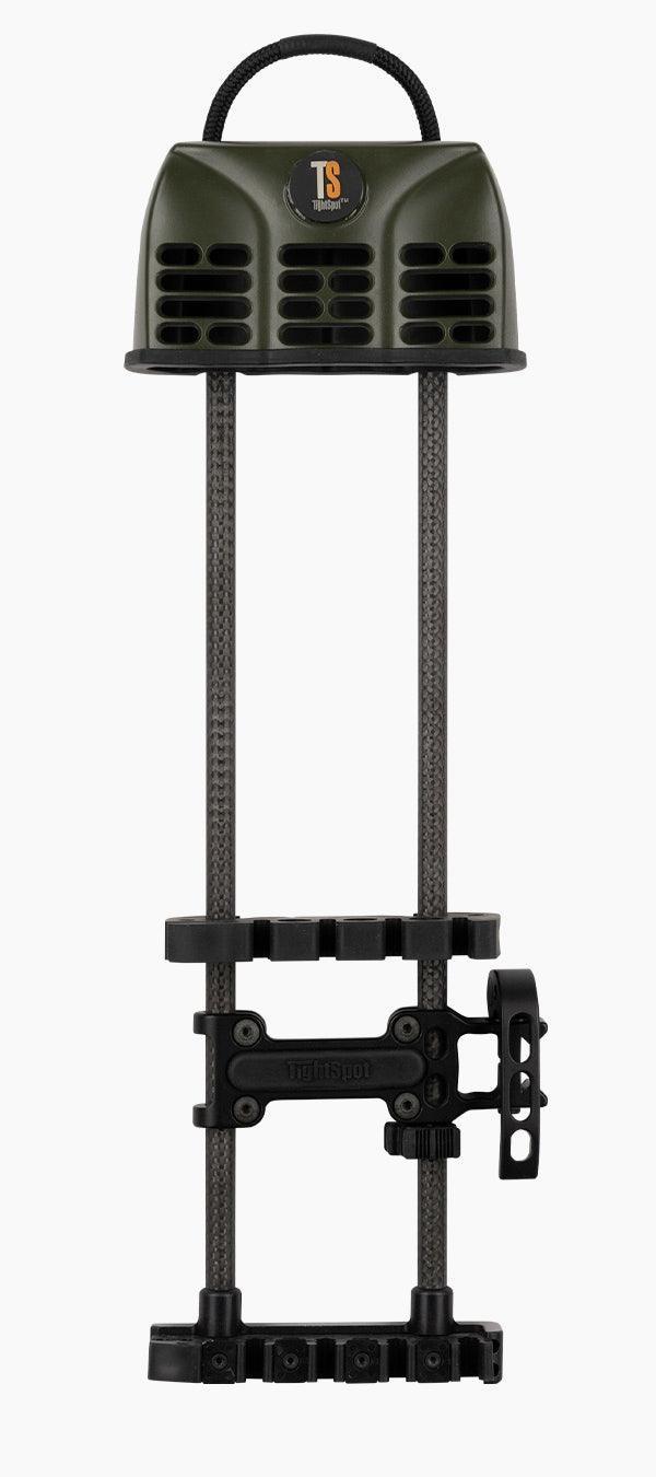 TightSpot Archery Rise 5-arrow quiver with olive green hood and carbon rods, studio view