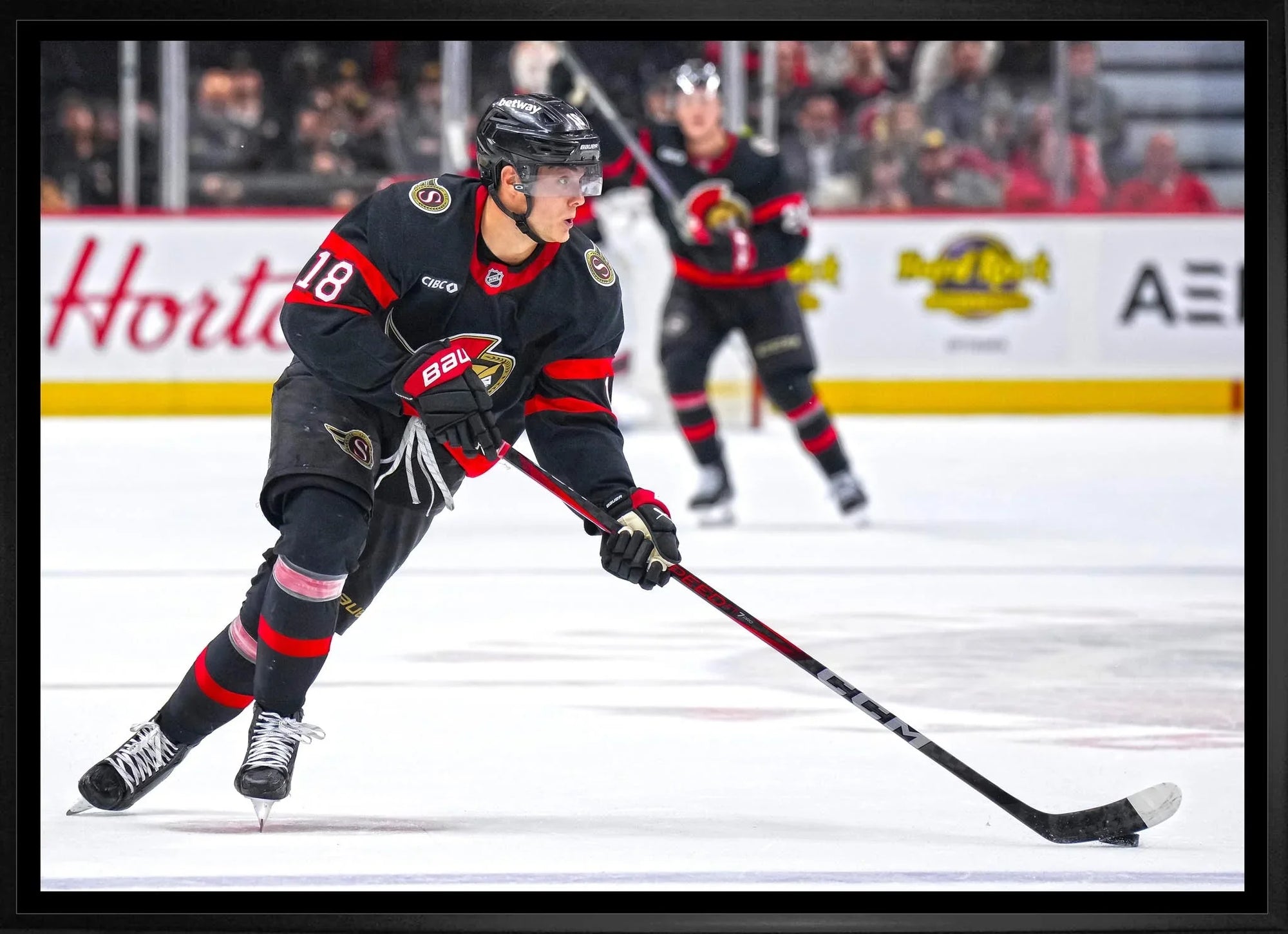Ottawa Senators hockey player in black jersey skating on ice during a game