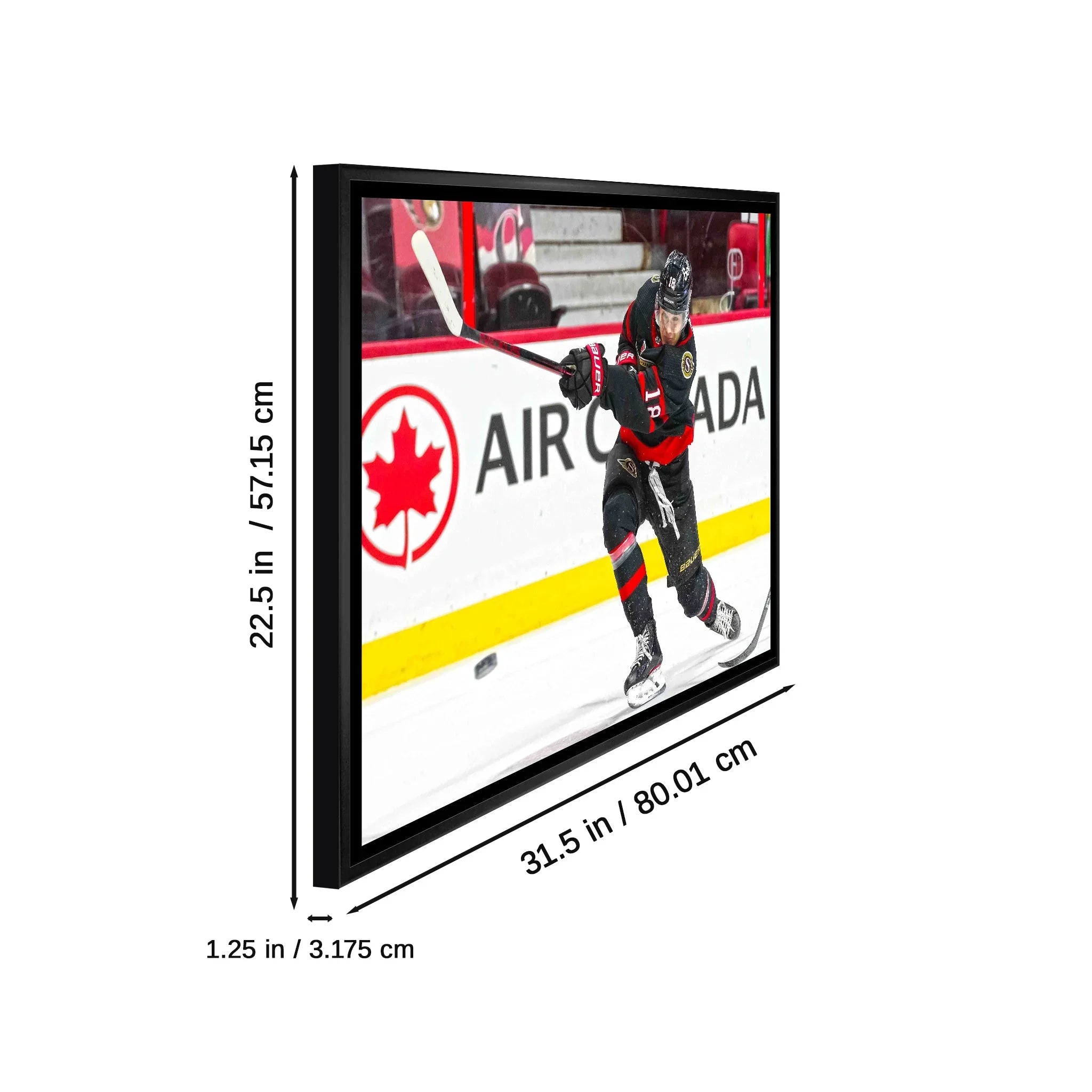 Framed hockey player photo print, measurements 31.5x22.5 in, Air Canada rink background
