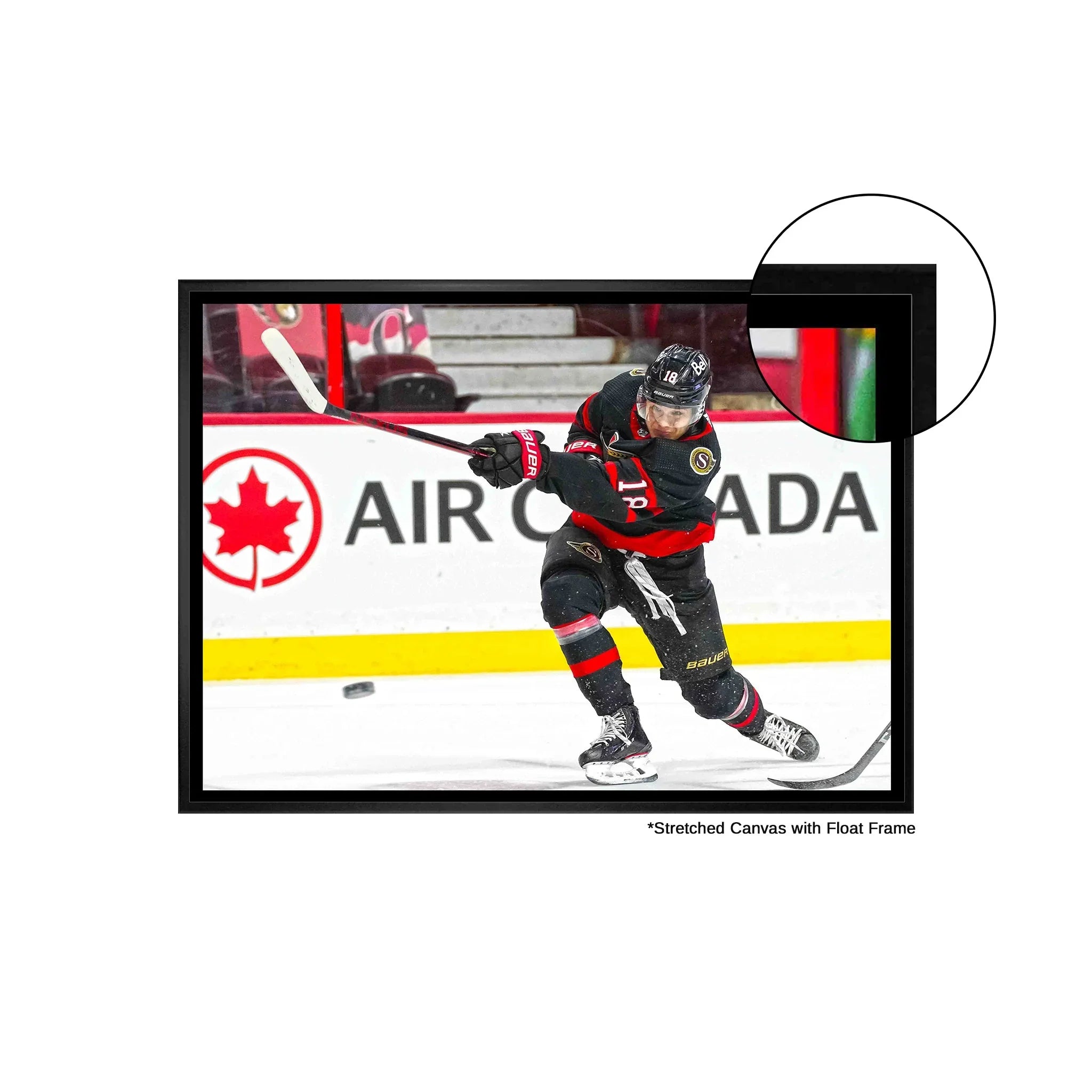 Ottawa Senators hockey player taking a shot, framed canvas wall art, Air Canada sign in background.