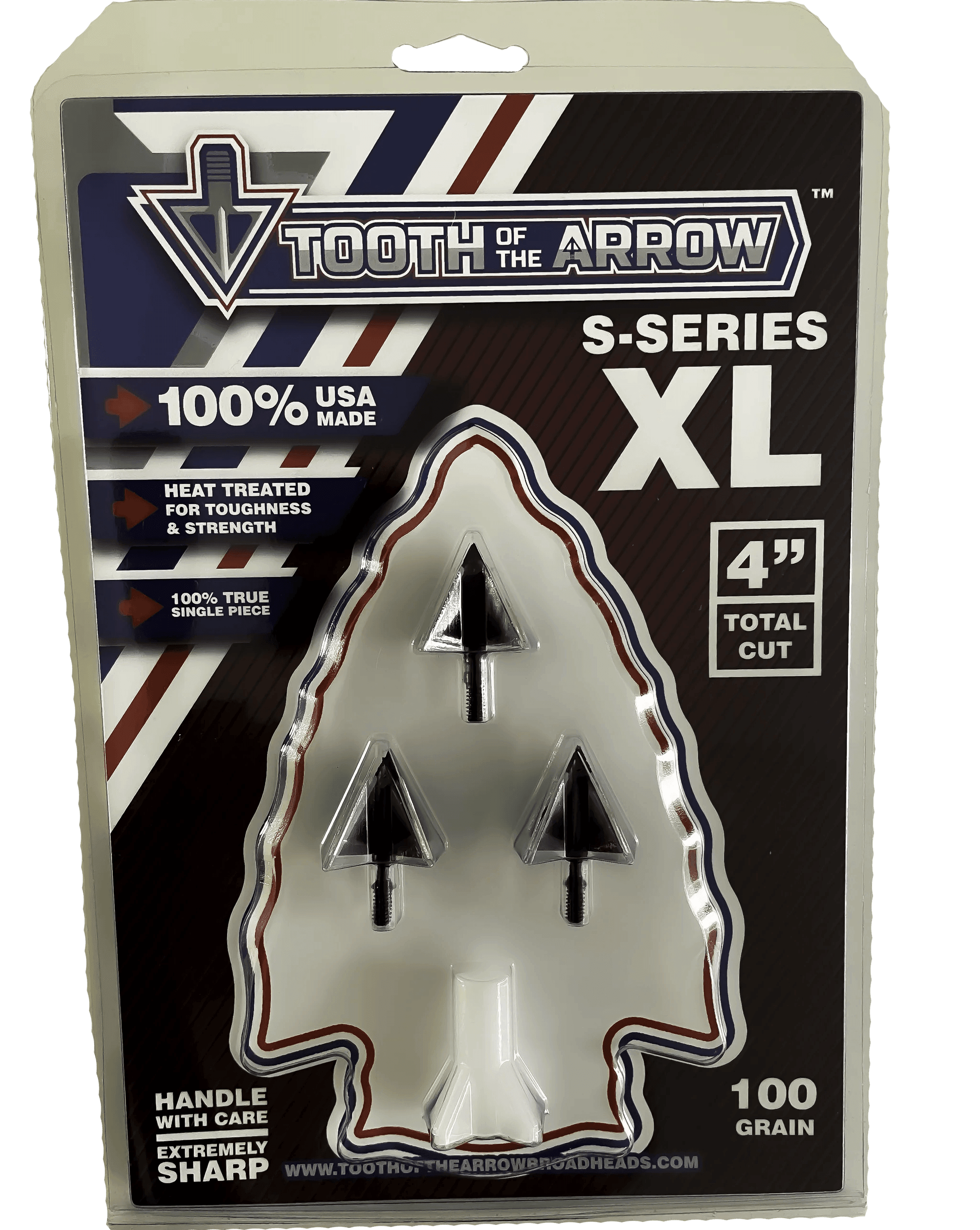 Tooth of the Arrow S-Series XL 4-blade fixed broadheads 3-pack in retail packaging