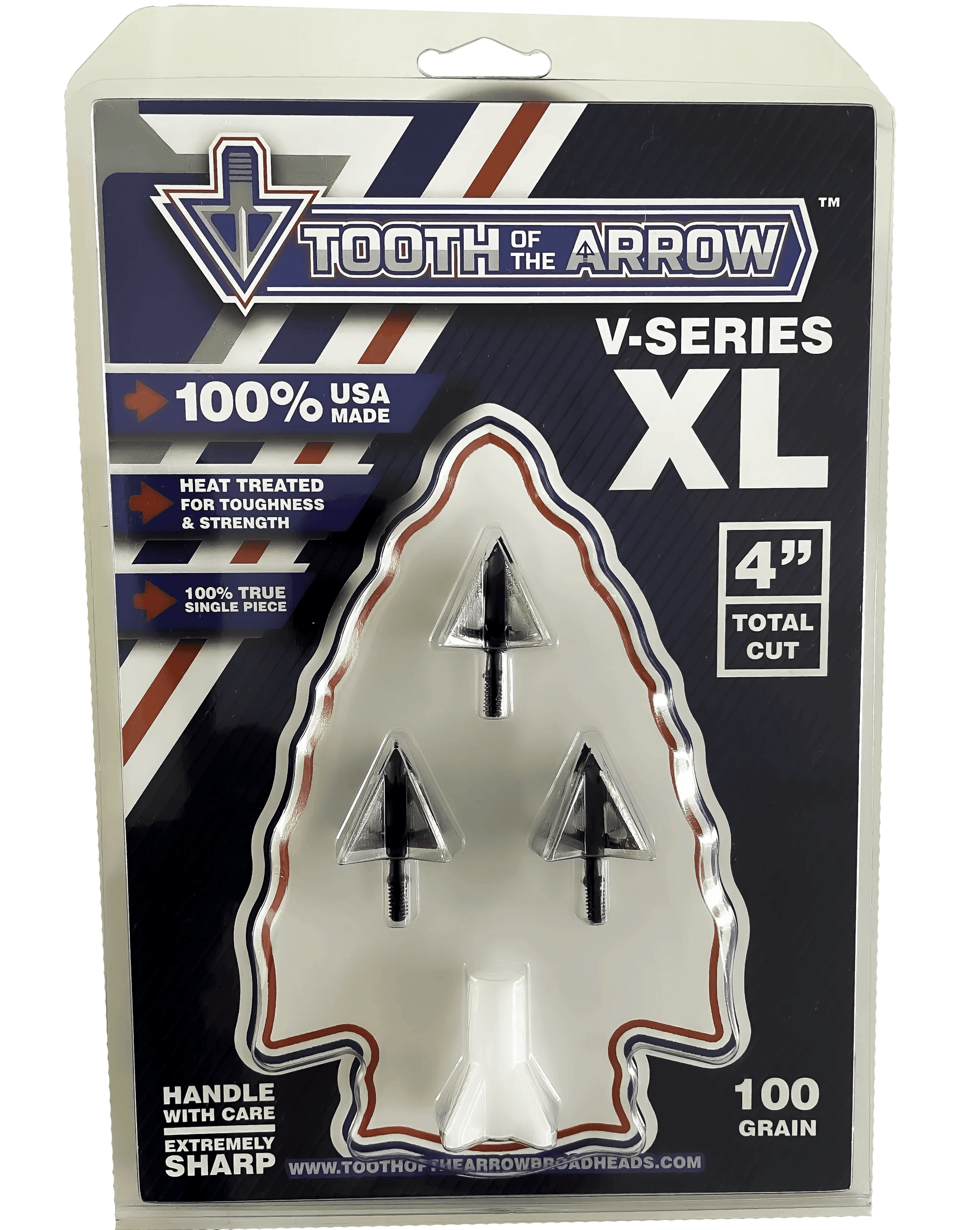 Tooth of the Arrow V-Series XL 4-blade fixed broadhead 3-pack in retail packaging