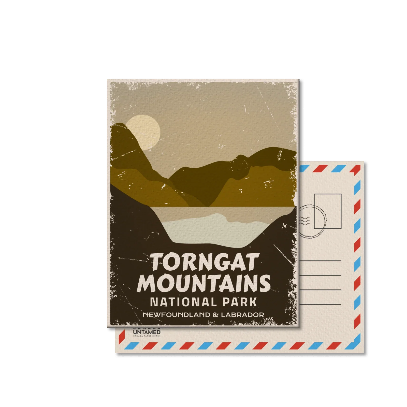 Vintage Torngat Mountains National Park postcard with mountain and sun illustration