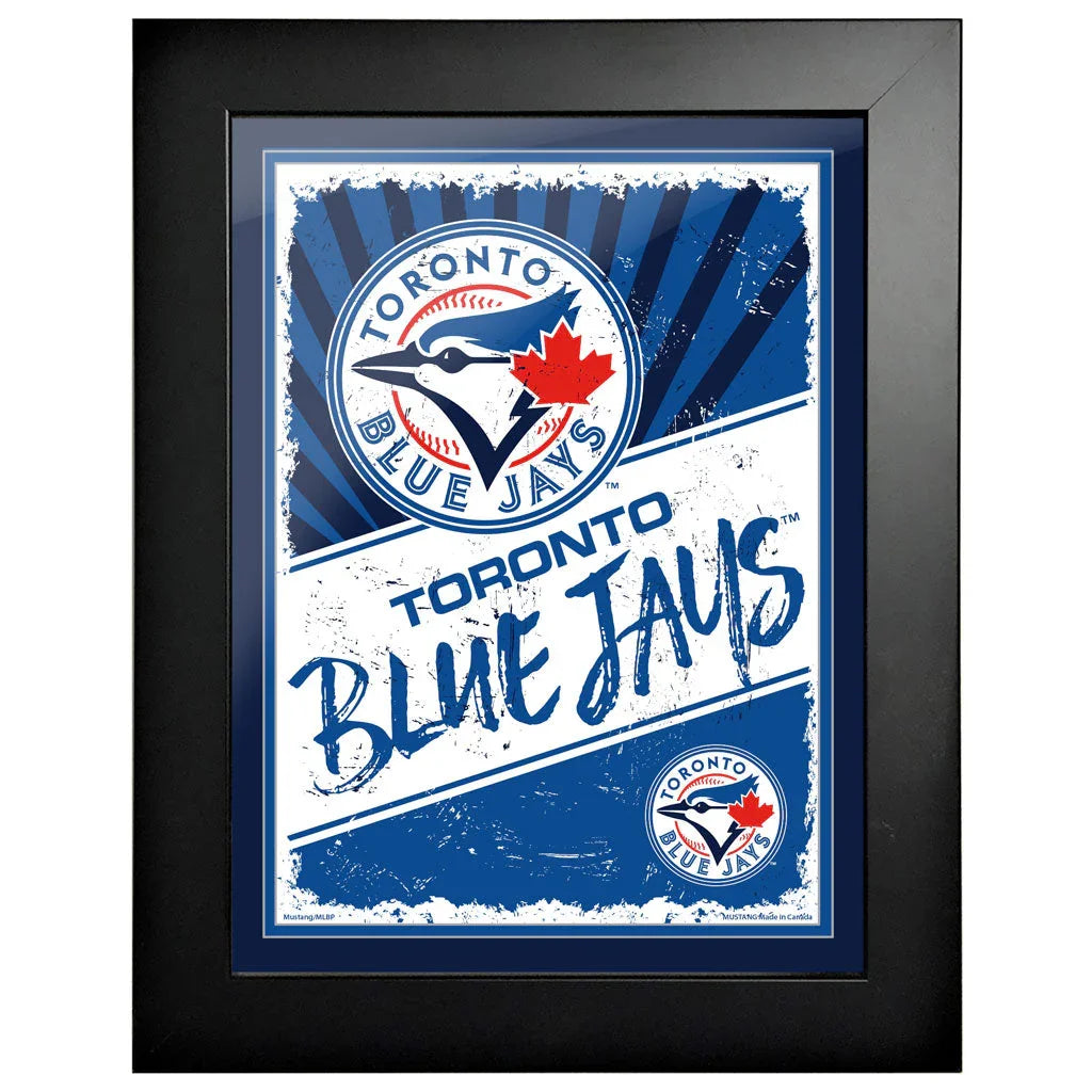 Framed Toronto Blue Jays logo art with team name and blue, white, and red design.