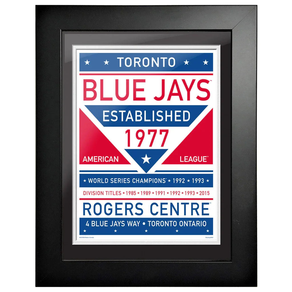 Framed Toronto Blue Jays established 1977 wall art, Rogers Centre, red blue white design.