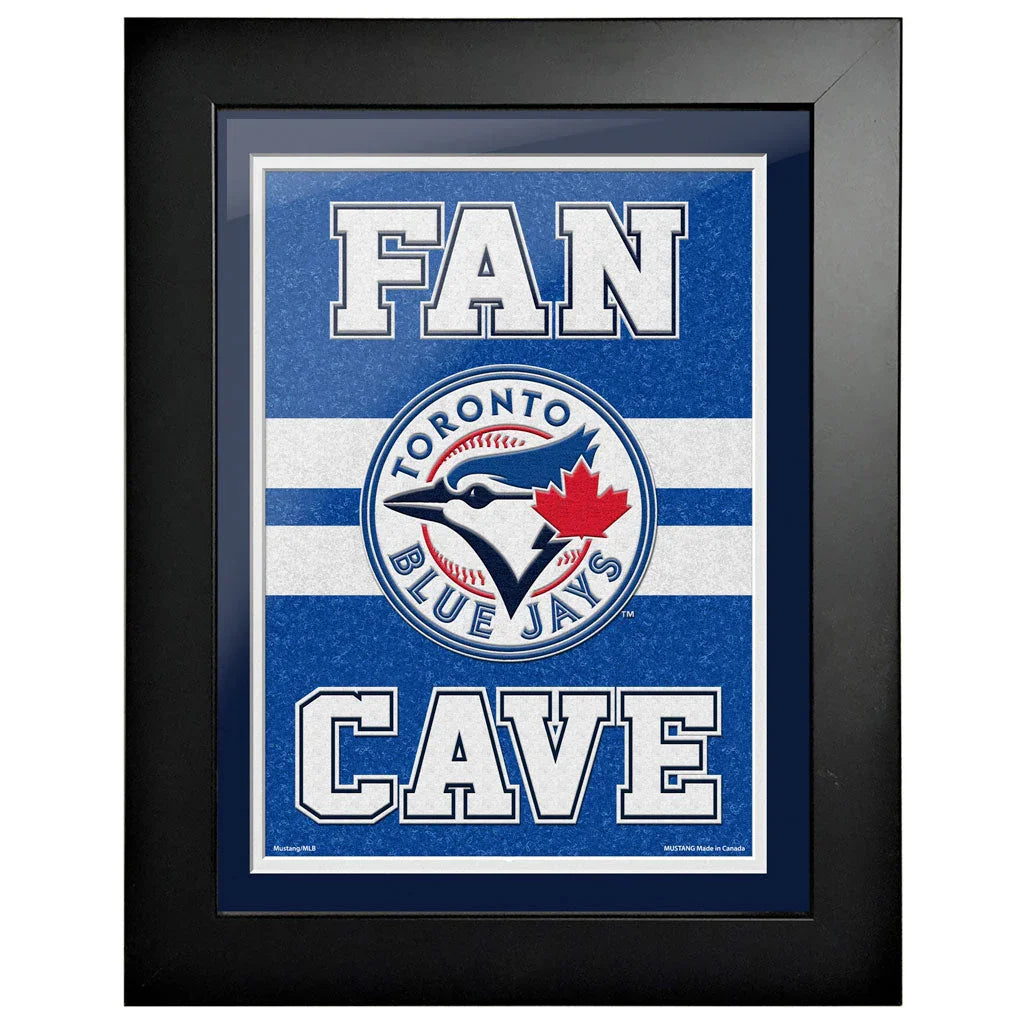 Toronto Blue Jays fan cave framed sign with team logo on blue and white background