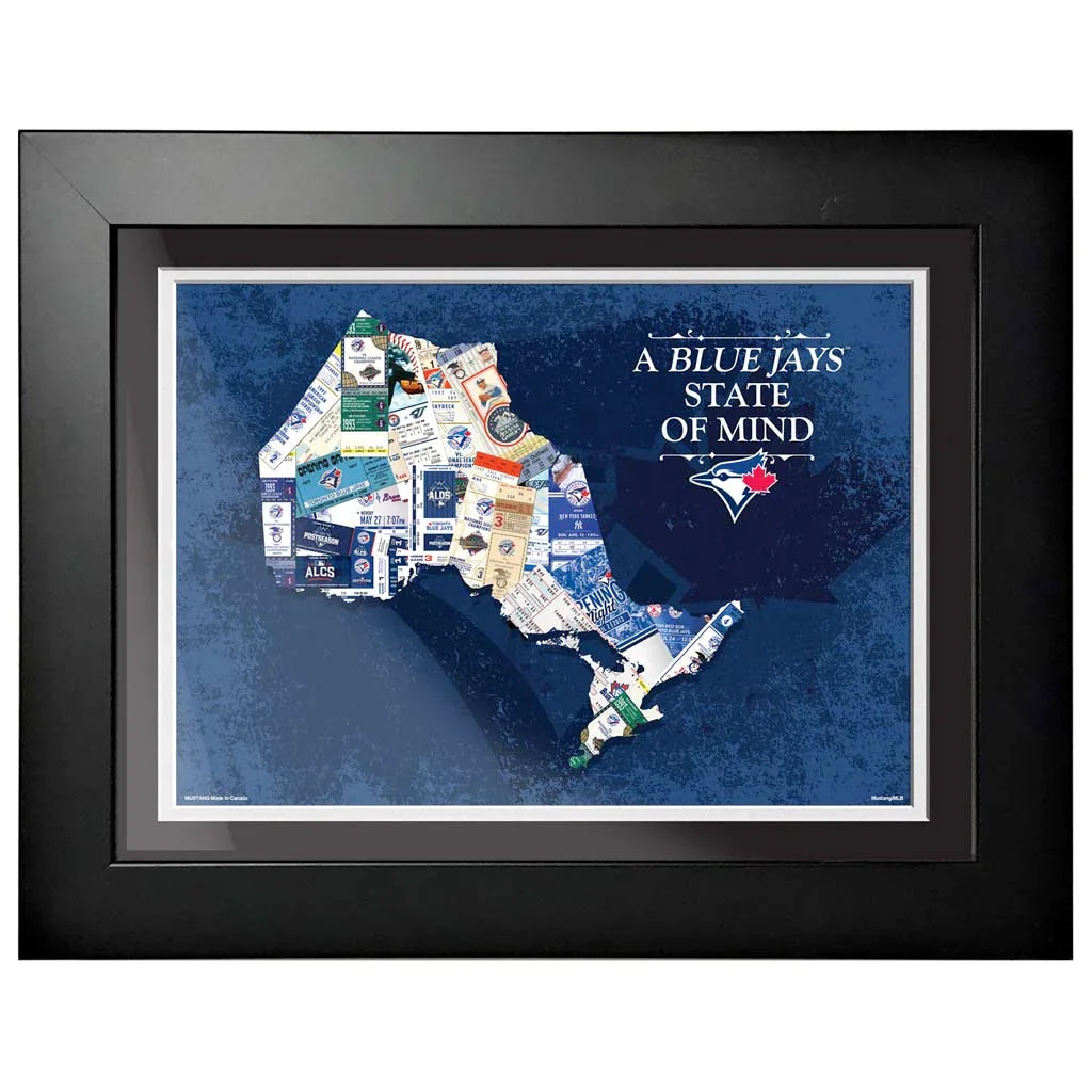 Framed Toronto Blue Jays art featuring Ontario map made of ticket stubs, 'A Blue Jays State of Mind' text.