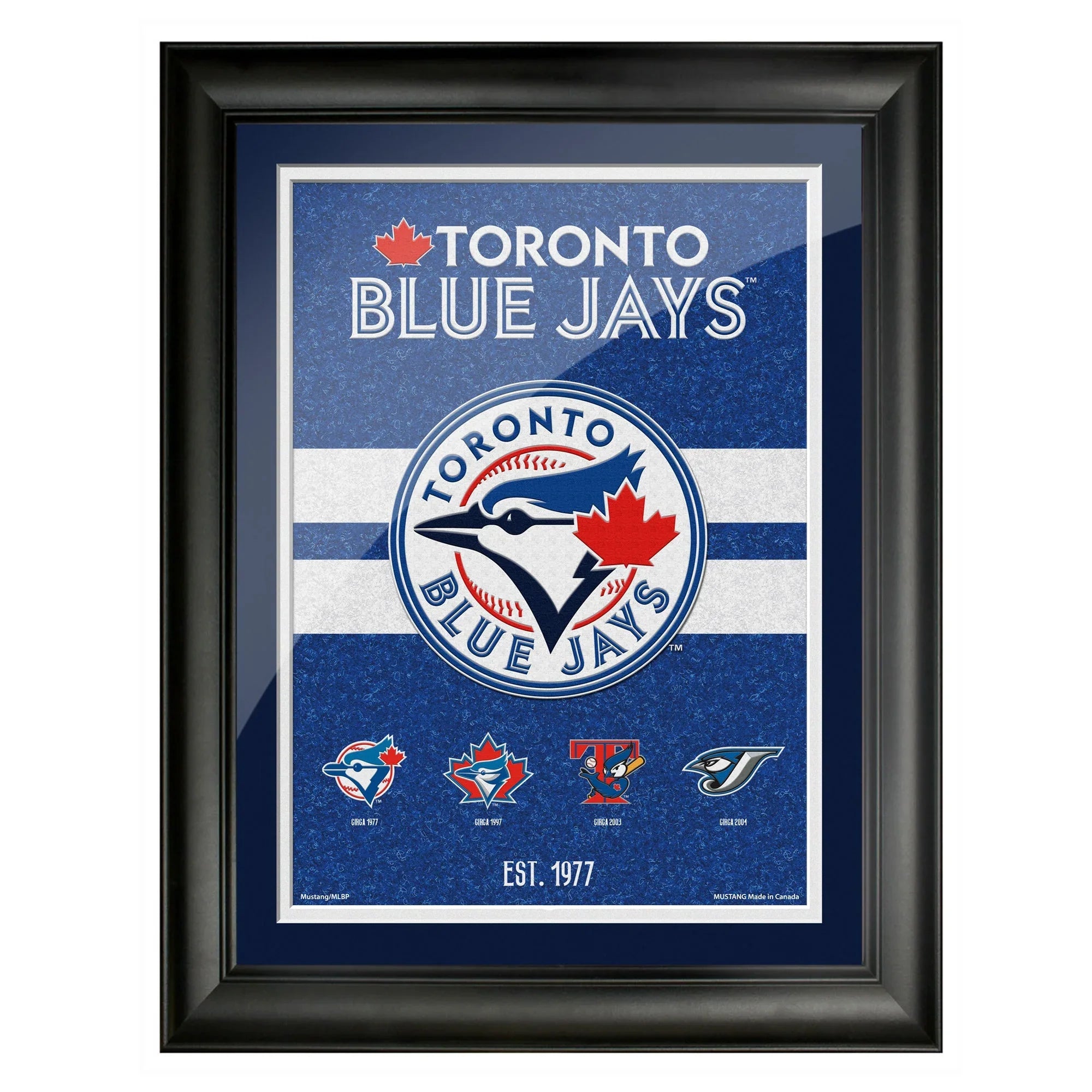 Framed Toronto Blue Jays logo art with team name and logo history, blue and white design