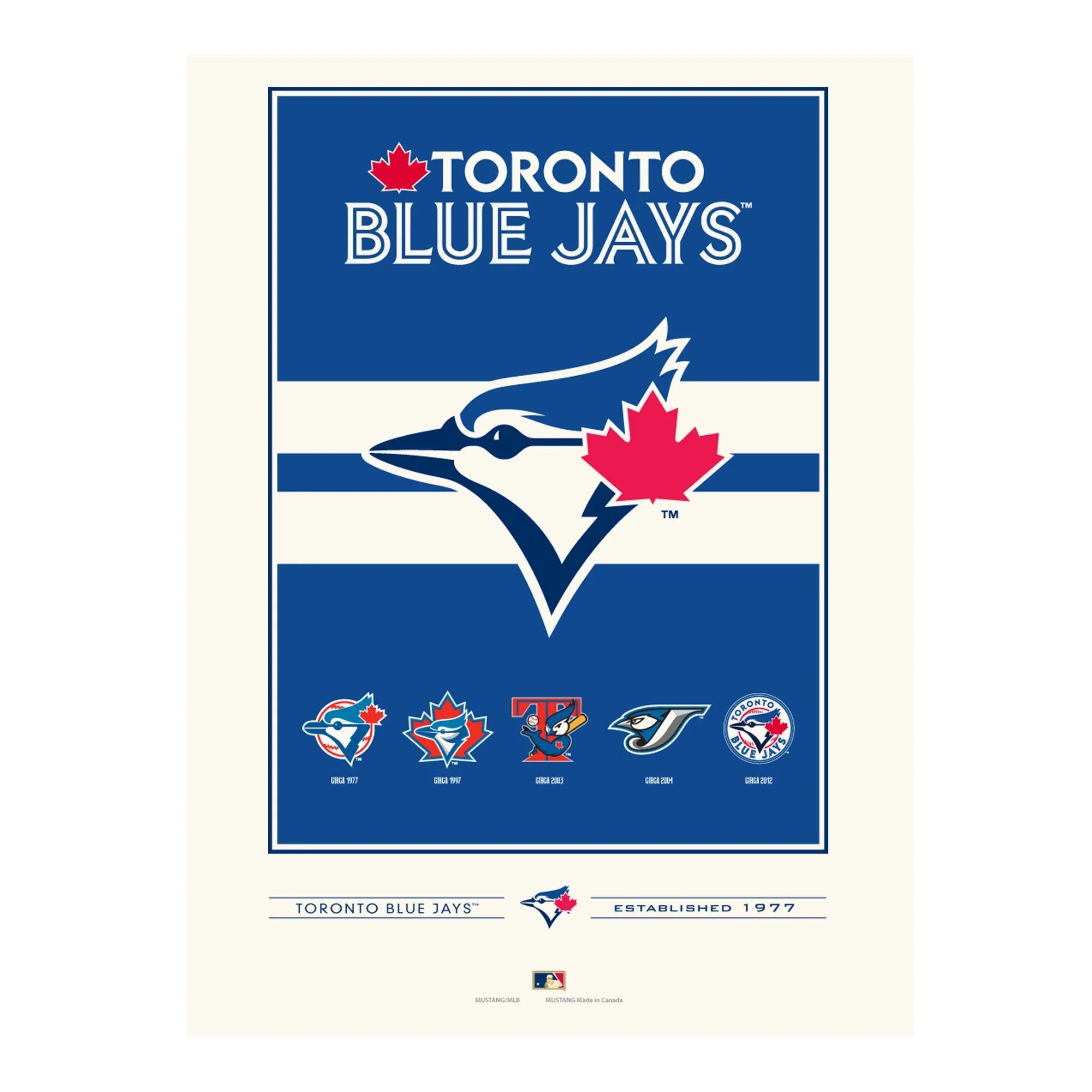 Toronto Blue Jays logo poster with team logo history and bold blue background
