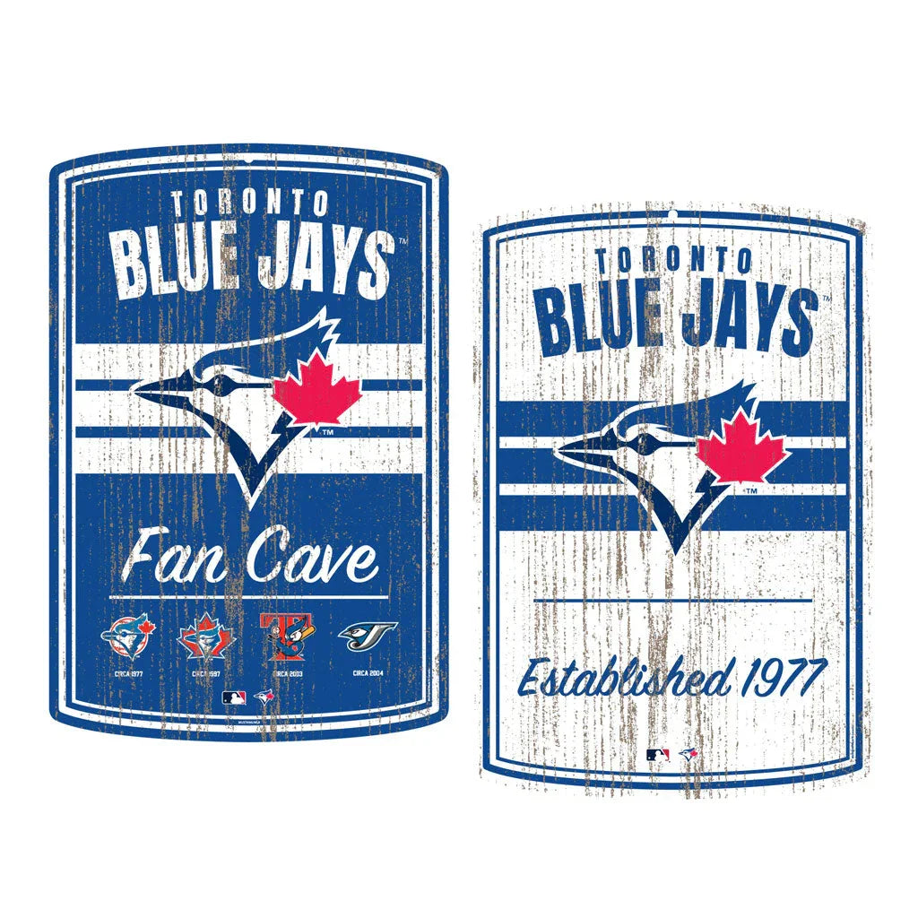 Toronto Blue Jays vintage fan cave metal signs with team logos, blue and white distressed finish