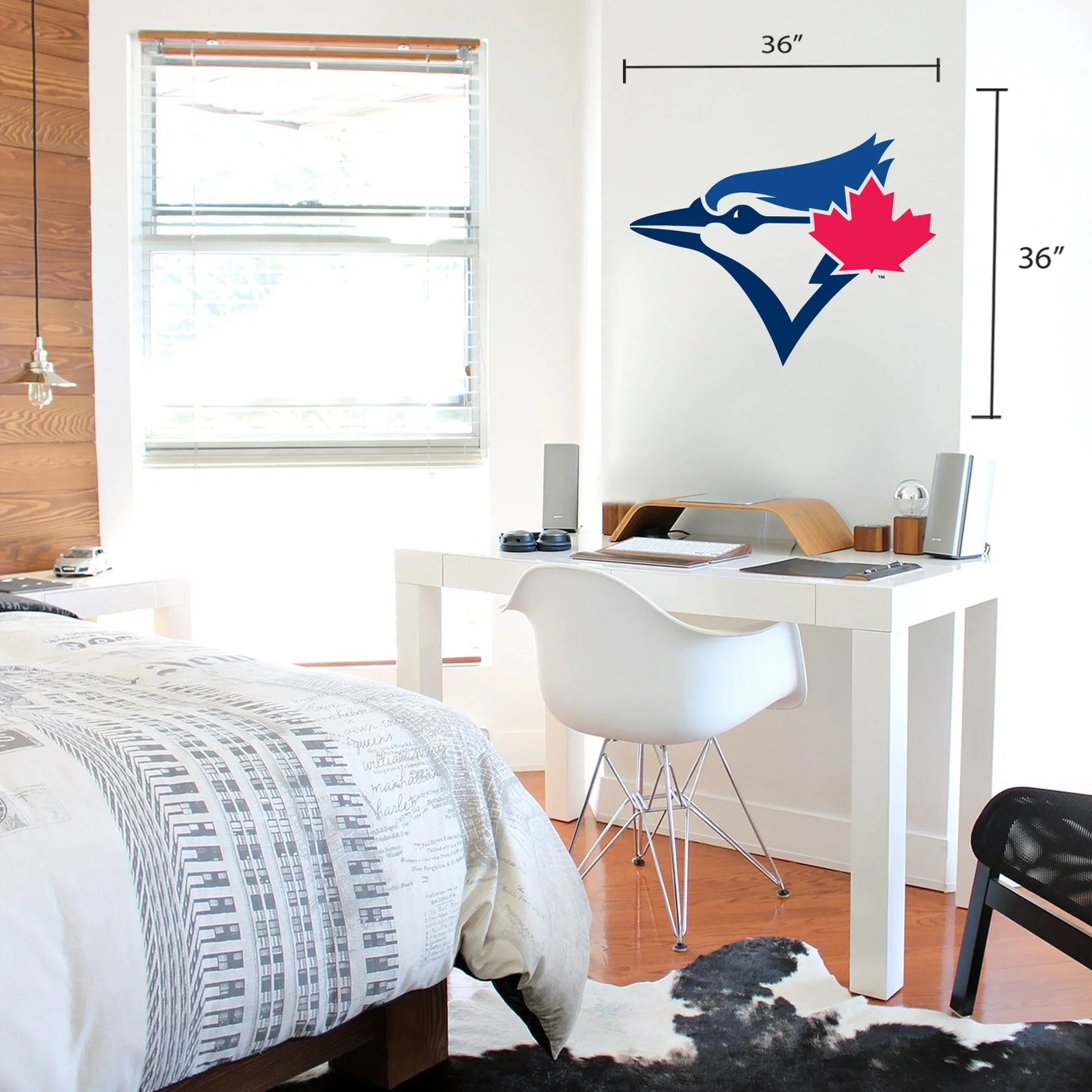 Toronto Blue Jays wall decal in modern bedroom above white desk, 36x36 inches.