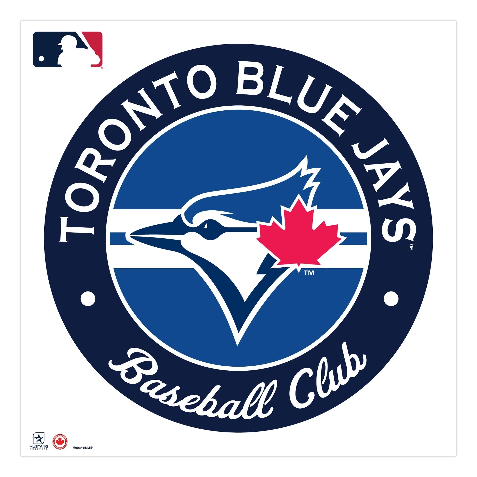 Toronto Blue Jays logo with blue jay head, red maple leaf, and baseball club text