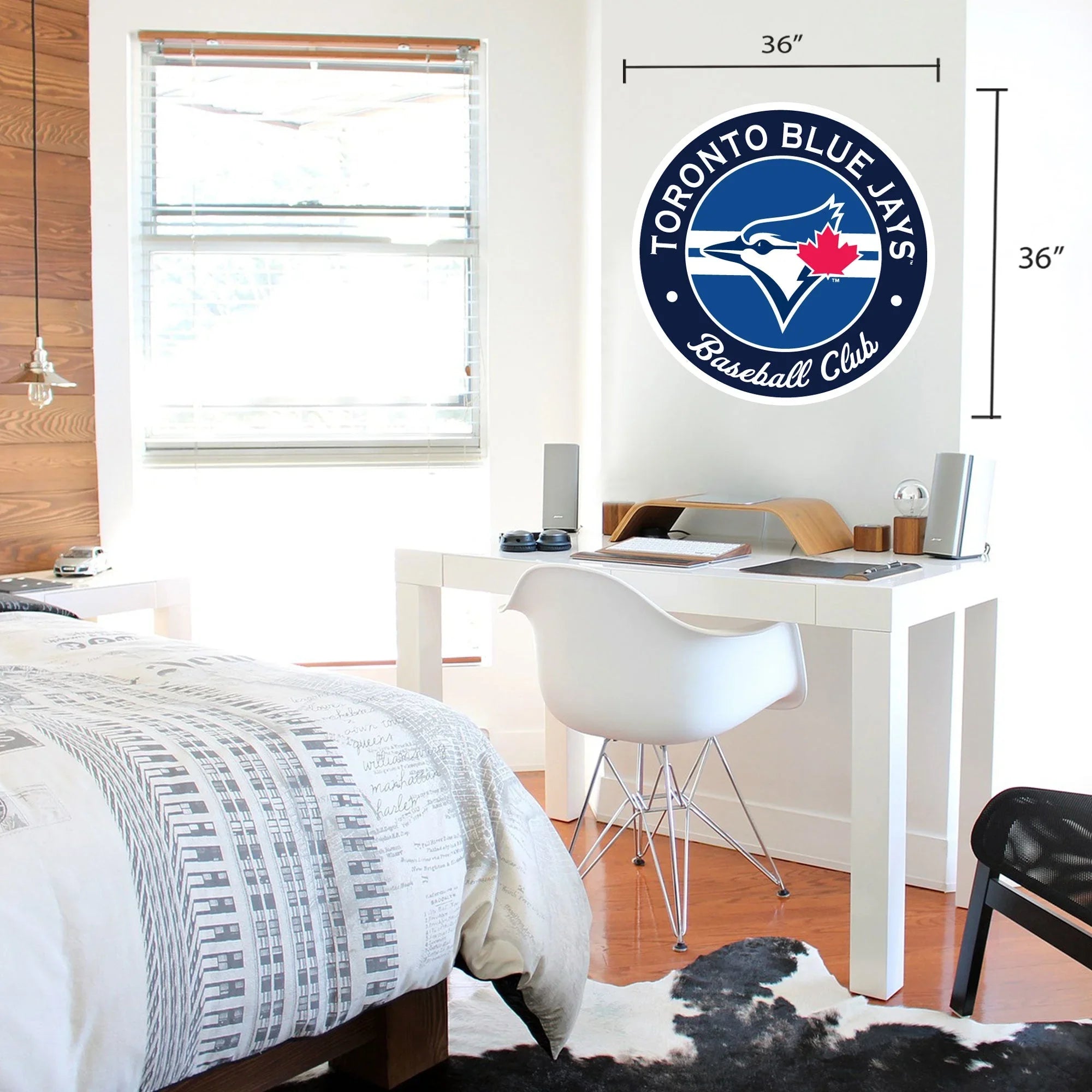 Toronto Blue Jays wall decal in modern bedroom with desk and white chair