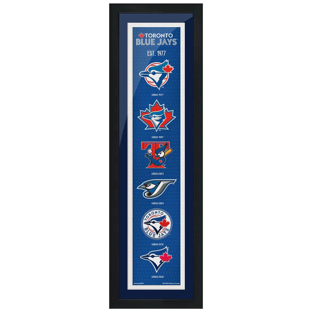 Framed Toronto Blue Jays logo evolution display with team logos from 1977 to 2020 on blue background.