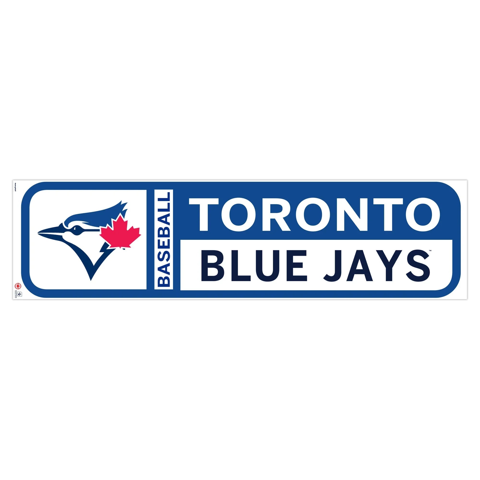 Toronto Blue Jays logo sign with blue jay head and red maple leaf, blue and white colors