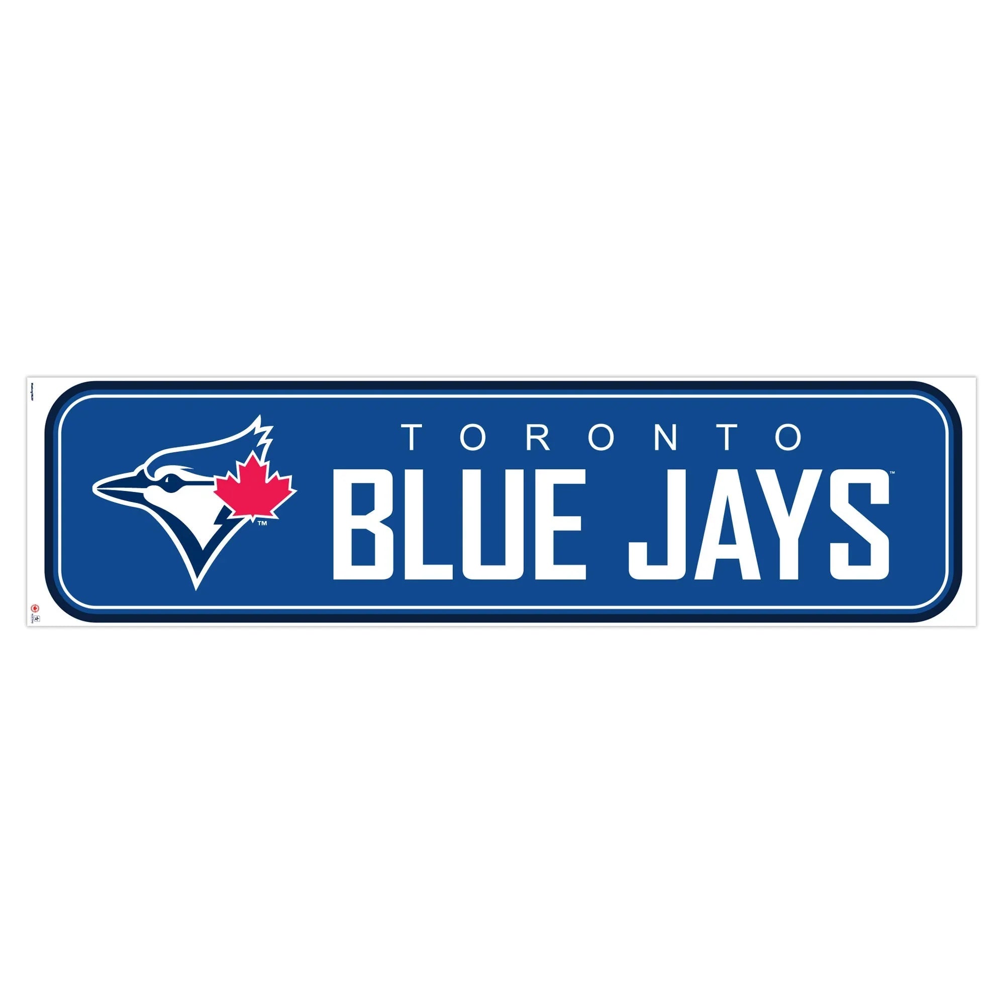 Toronto Blue Jays logo blue sign with team name and maple leaf on white background
