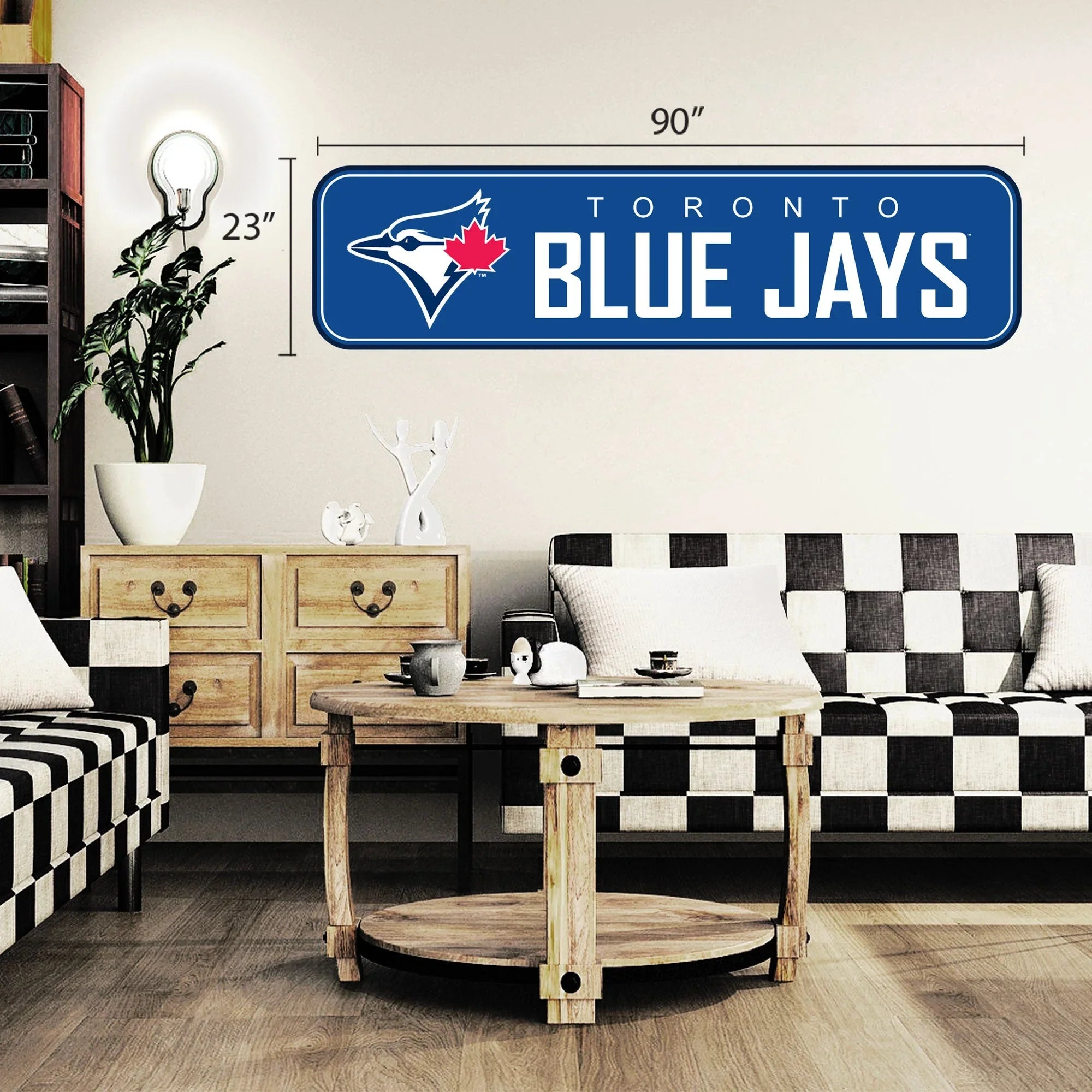 Toronto Blue Jays wall decal 90x23 inches displayed in modern living room