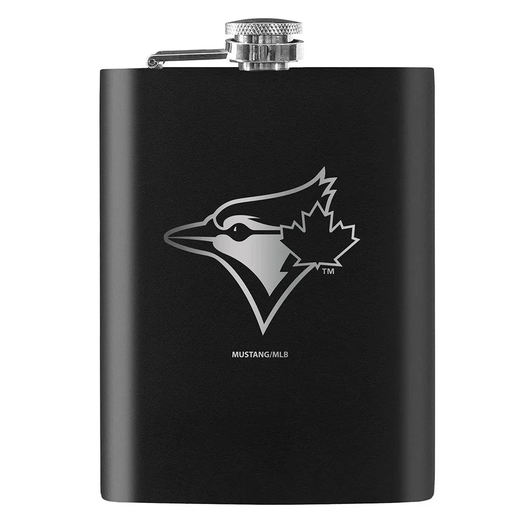 Black flask with Toronto Blue Jays logo and Mustang MLB branding on front
