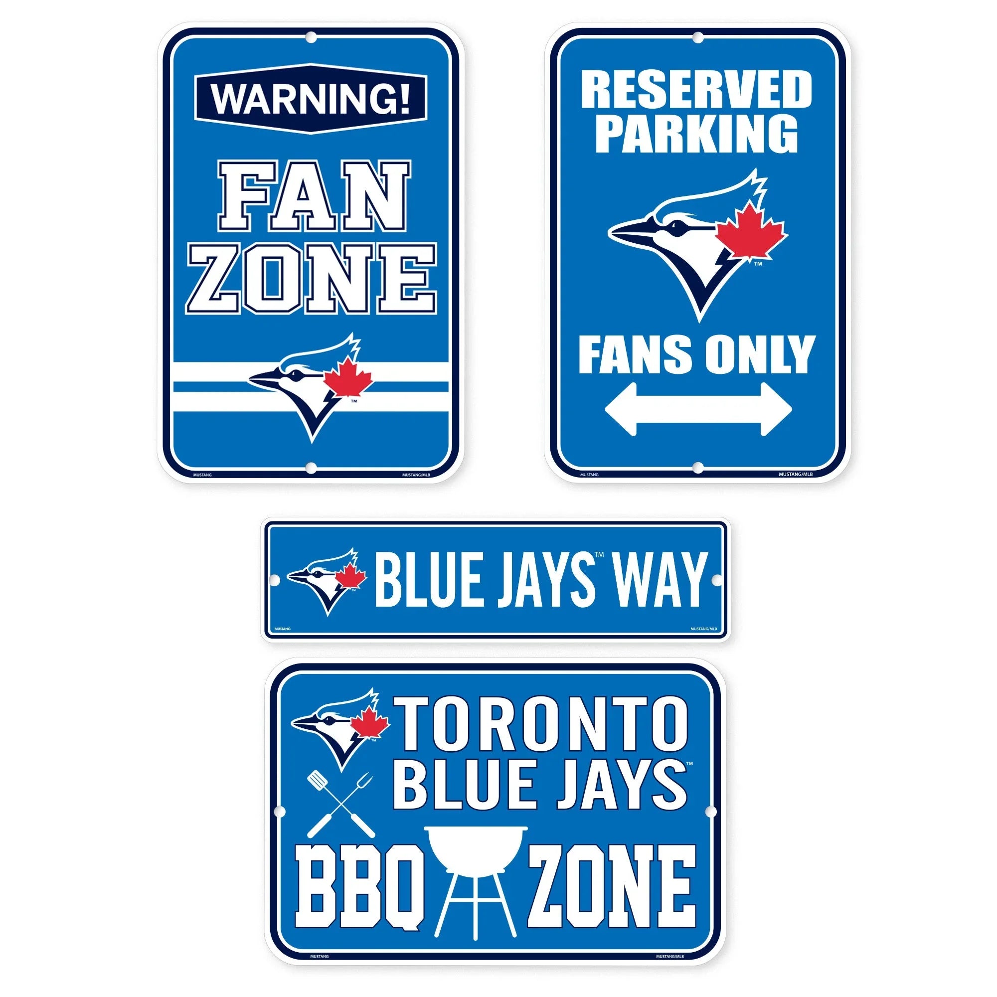 Toronto Blue Jays fan zone and BBQ zone metal signs with team logo on blue background