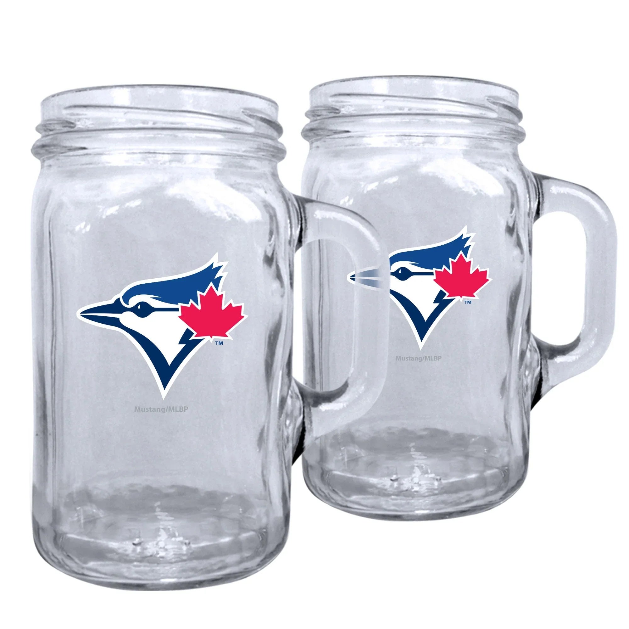 Two glass mason jar mugs with Toronto Blue Jays logo and handles, on white background.