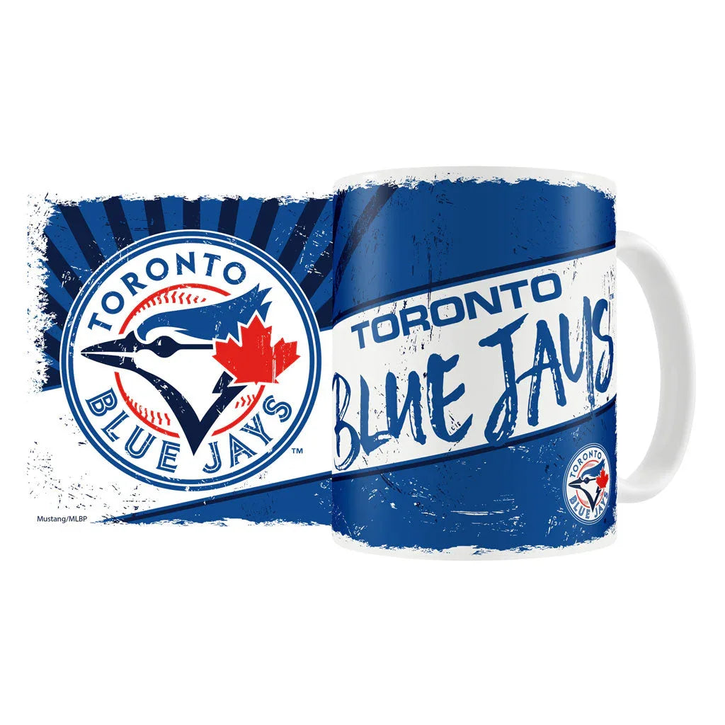 Toronto Blue Jays white and blue ceramic mug with team logo and text