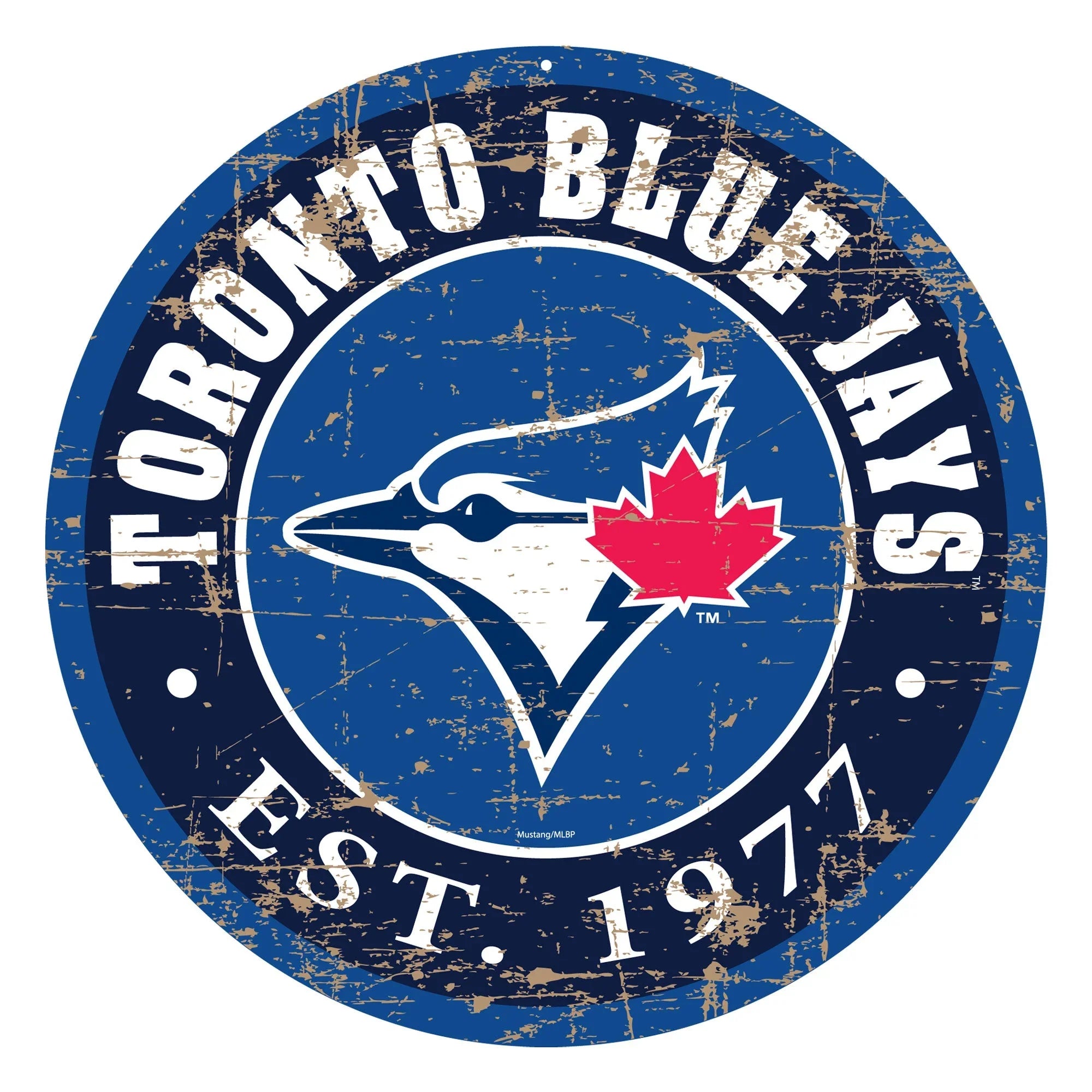 Toronto Blue Jays vintage logo, blue round emblem with blue jay and red maple leaf, EST. 1977