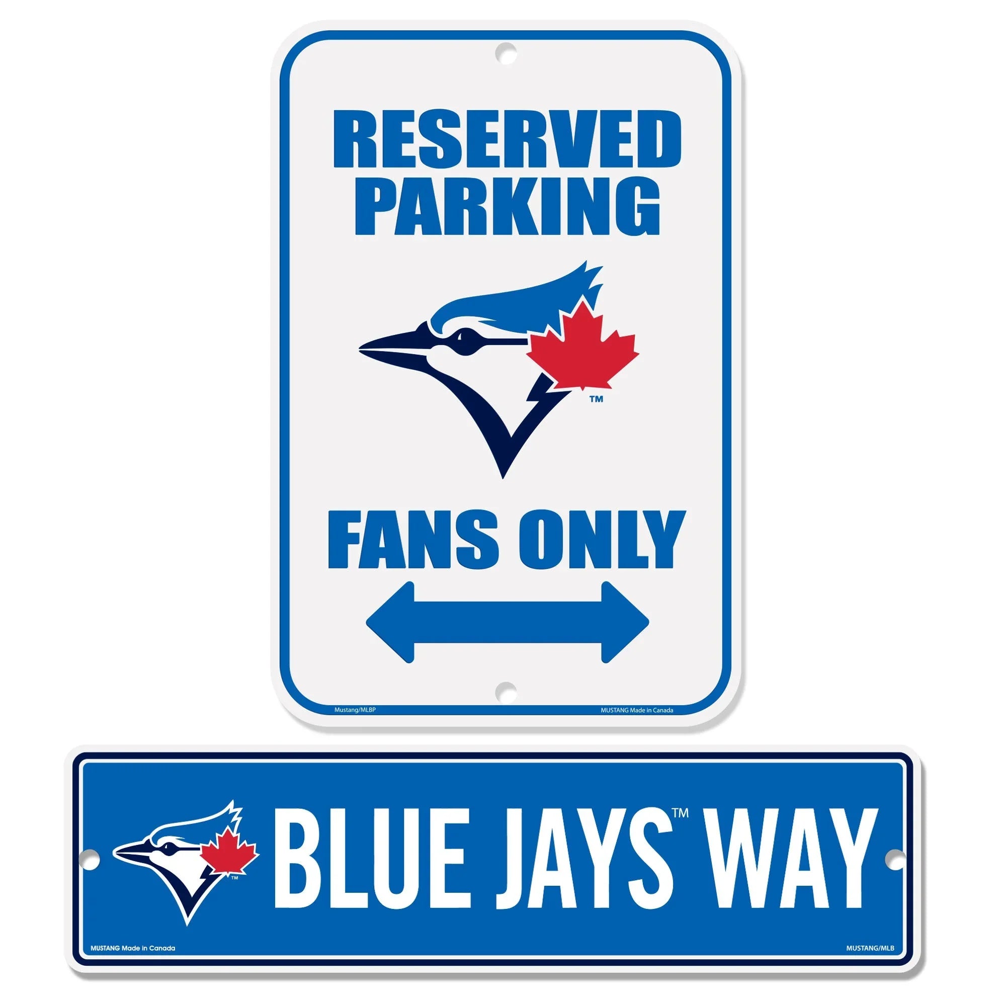 Toronto Blue Jays reserved parking sign and Blue Jays Way street sign with team logo.