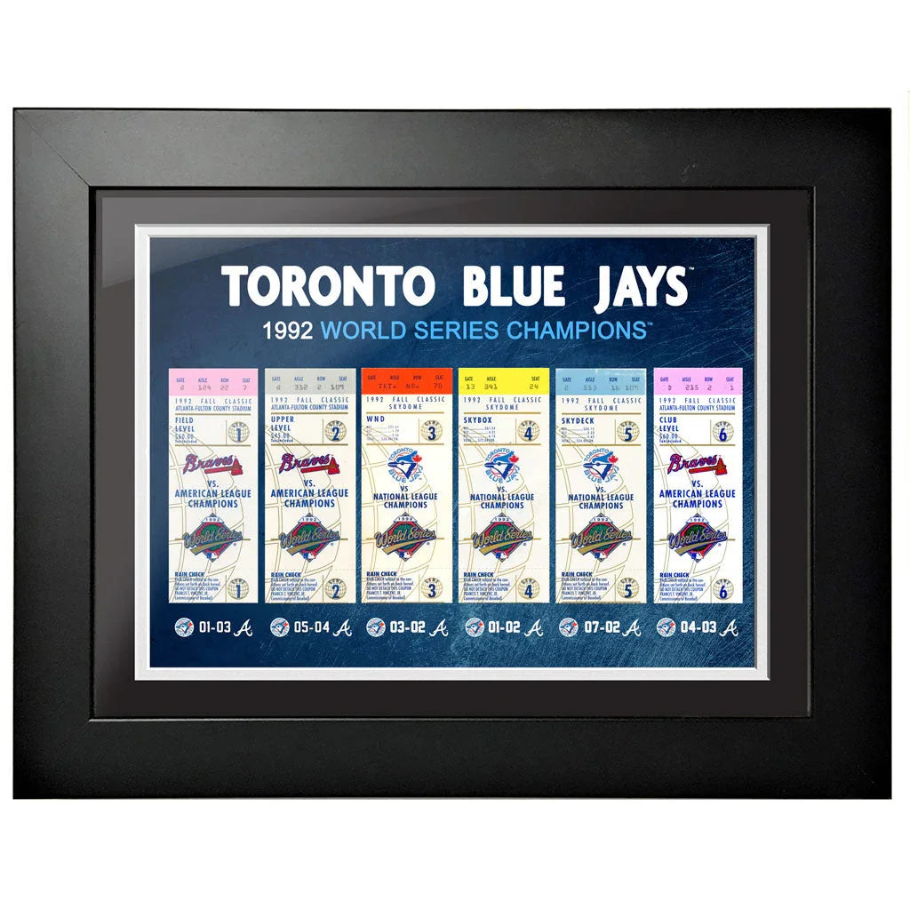 Framed Toronto Blue Jays 1992 World Series Champions ticket stubs collage