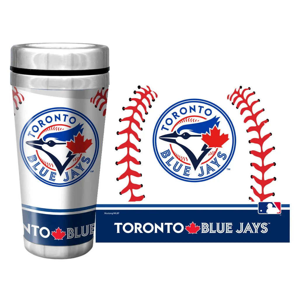 Toronto Blue Jays tumbler, baseball graphics, and team logo on white background