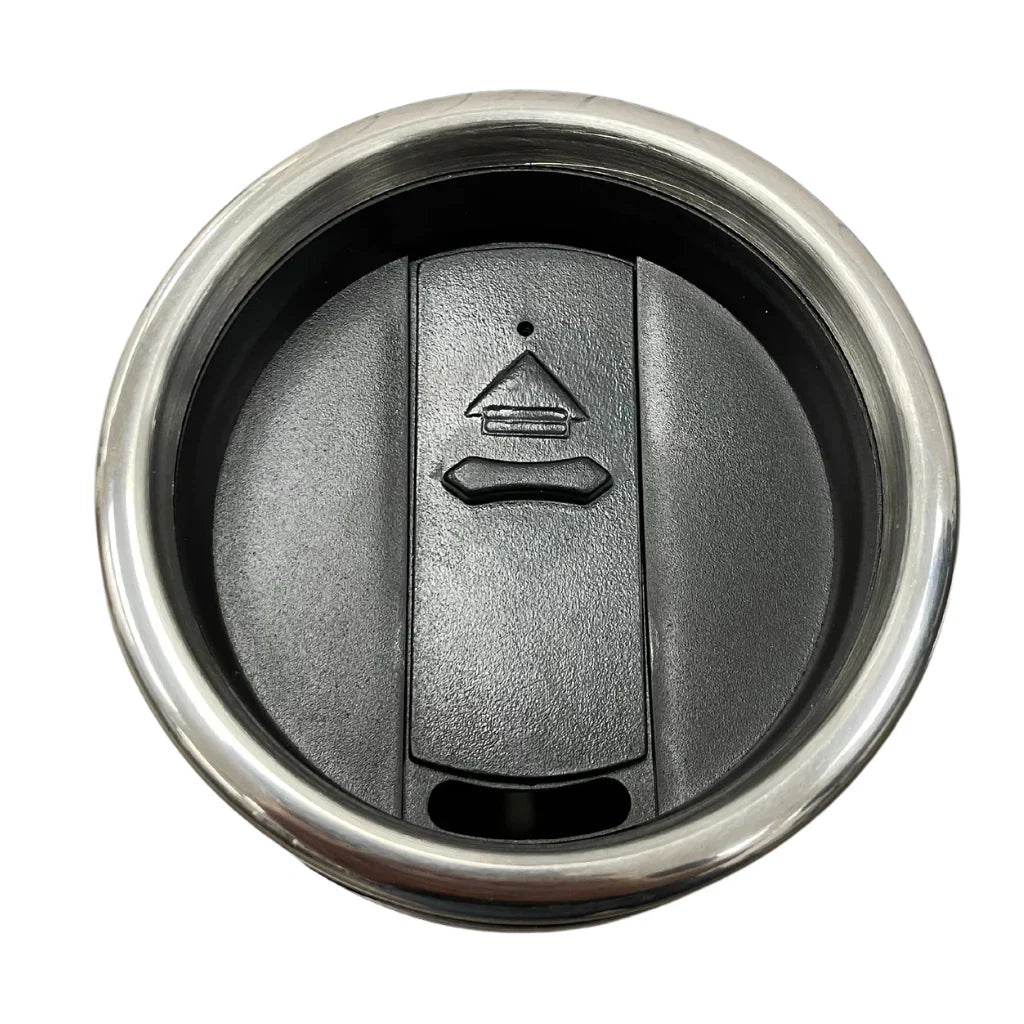 Stainless steel travel mug lid with black plastic sliding closure and arrow symbol