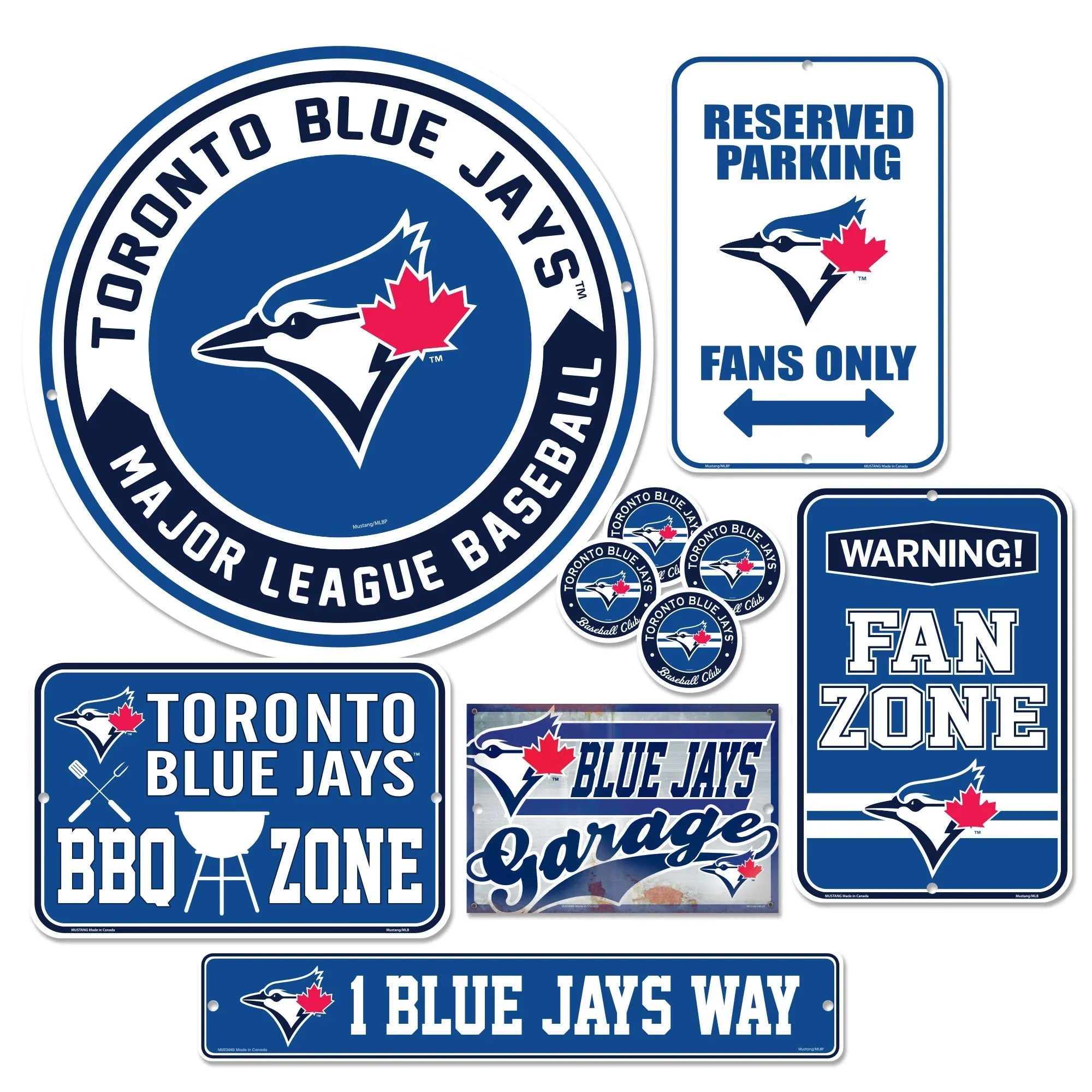 Toronto Blue Jays signs set featuring team logo, fan zone, parking, BBQ zone, garage, and street sign.