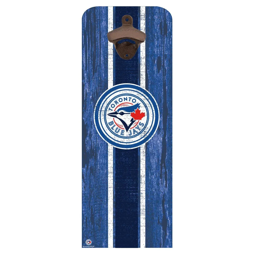 Toronto Blue Jays wall mounted bottle opener with blue wood design and team logo