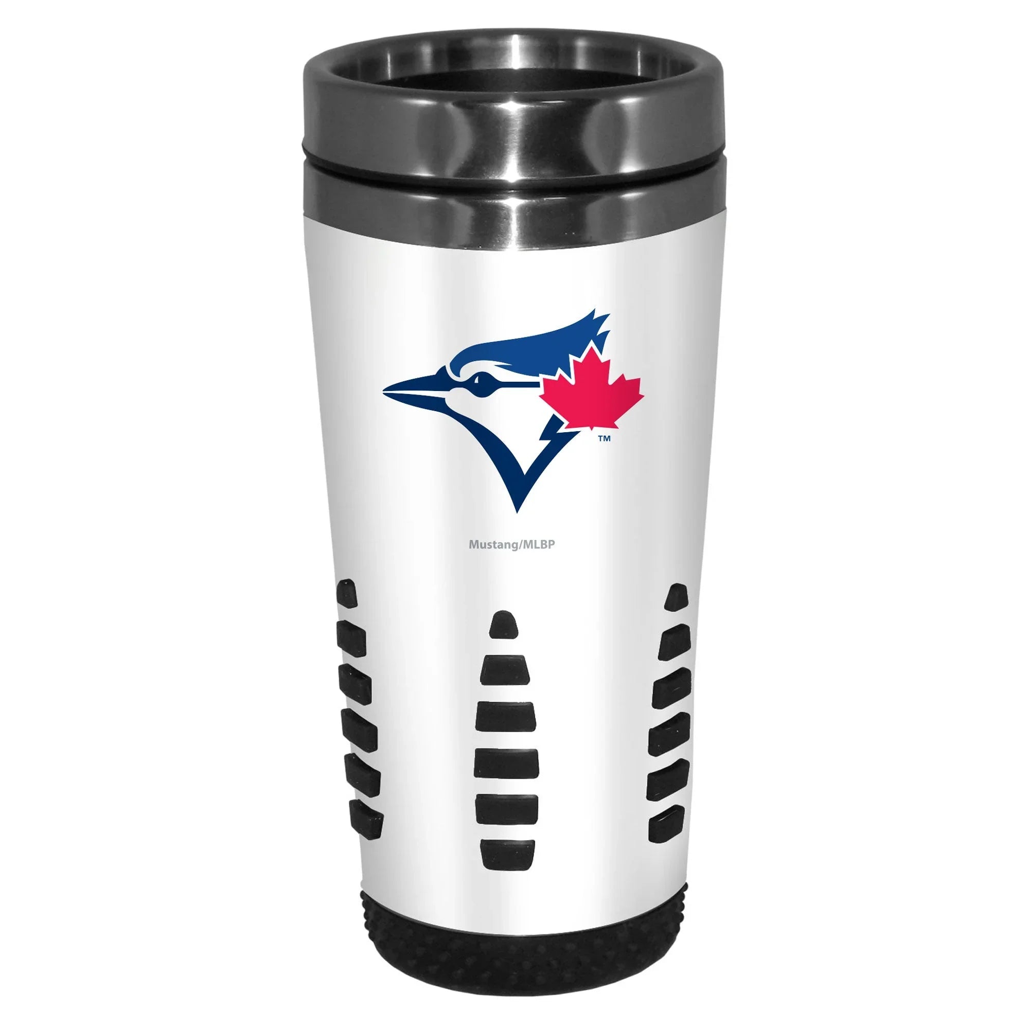 Toronto Blue Jays stainless steel travel mug with team logo on white background