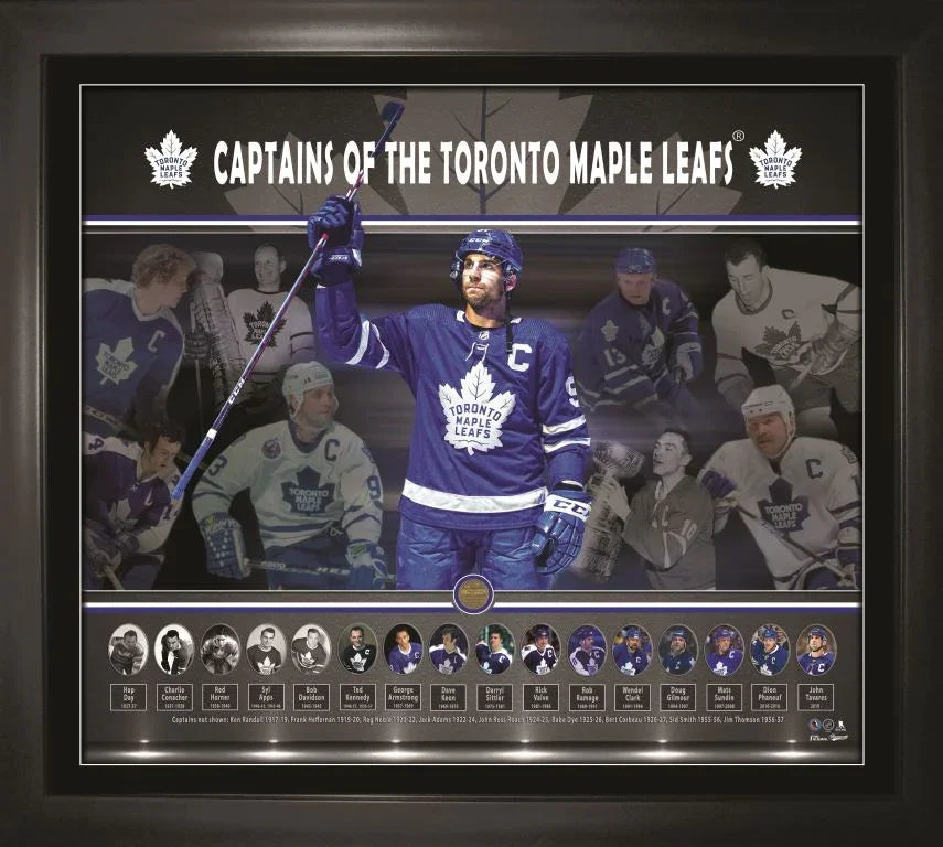 Framed collage of Toronto Maple Leafs captains in hockey jerseys, historic players in background.