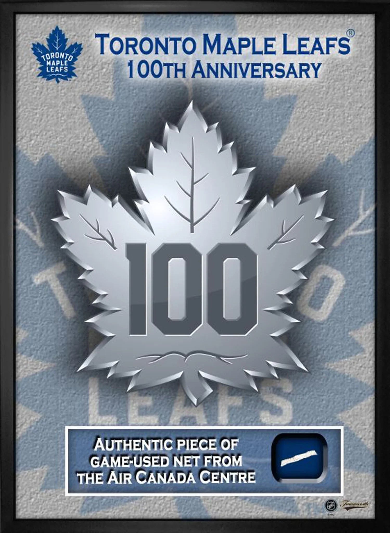 Toronto Maple Leafs 100th Anniversary plaque with silver maple leaf and game-used net piece.