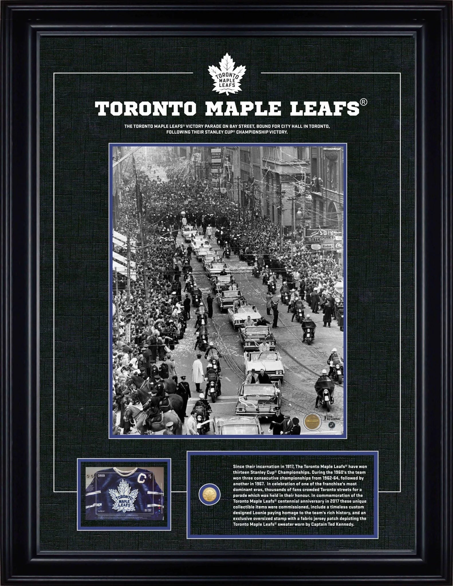 Framed Toronto Maple Leafs Stanley Cup victory parade photo, commemorative jersey and plaque.