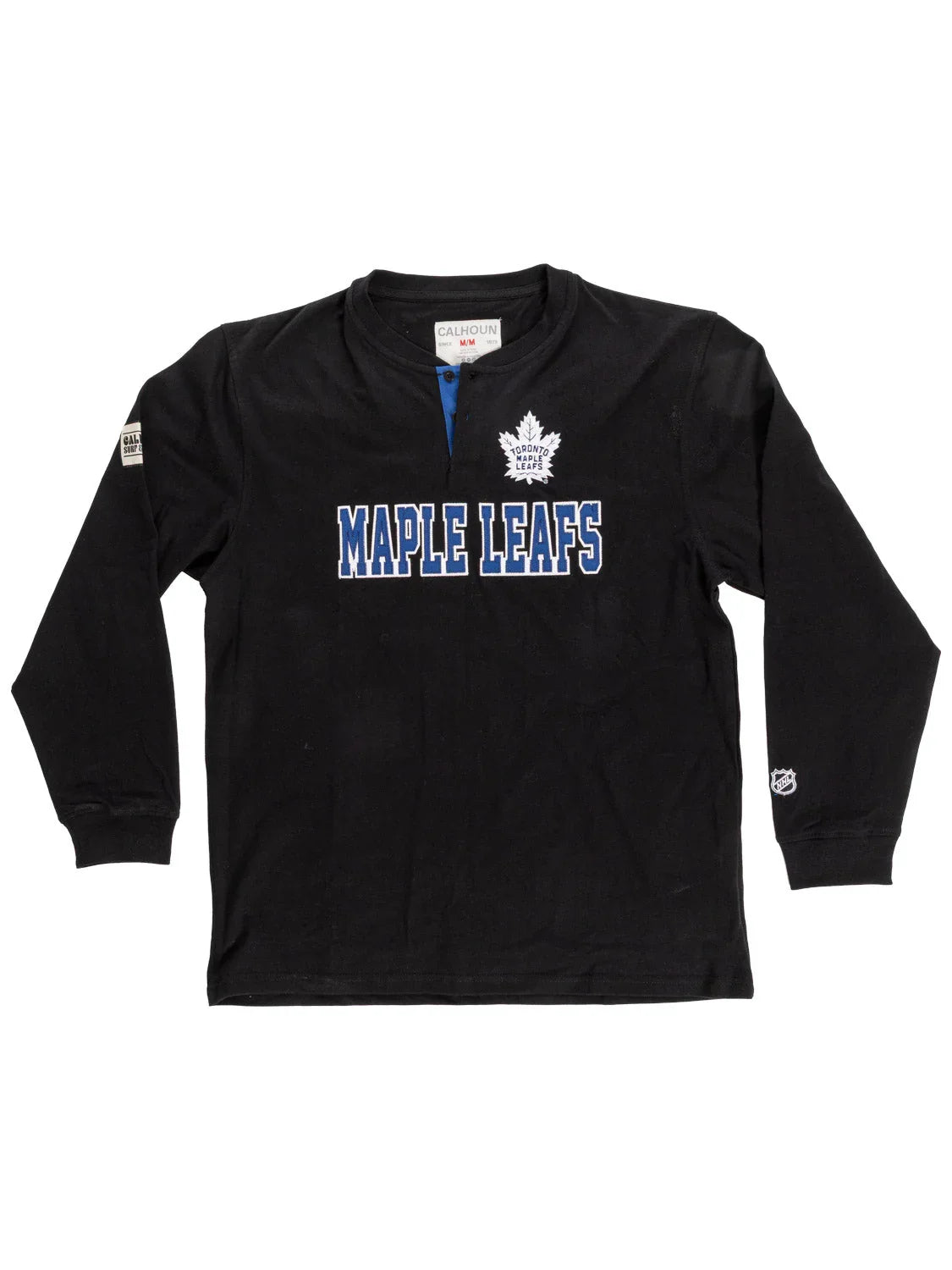 Black Toronto Maple Leafs long sleeve henley shirt with blue lettering and logo flat lay